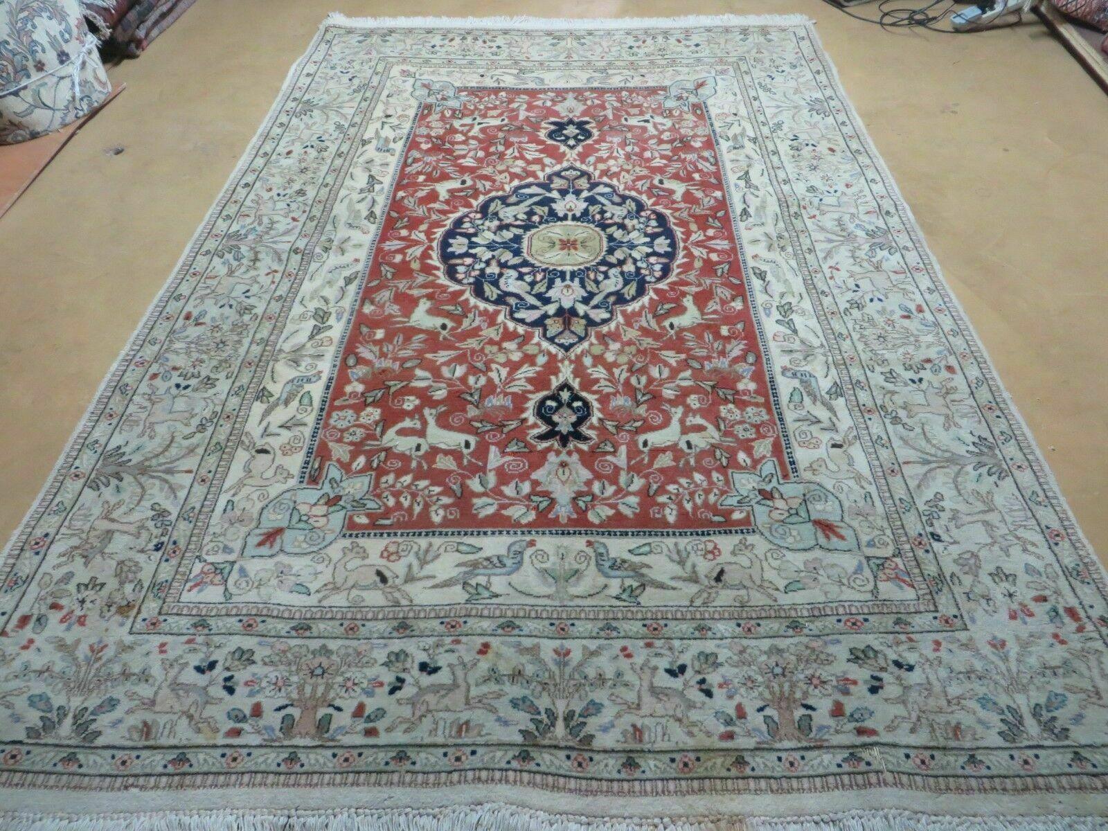 6' X 9' Vintage Handmade India Oriental Floral Wool Rug Hunting Bird Deer Nice