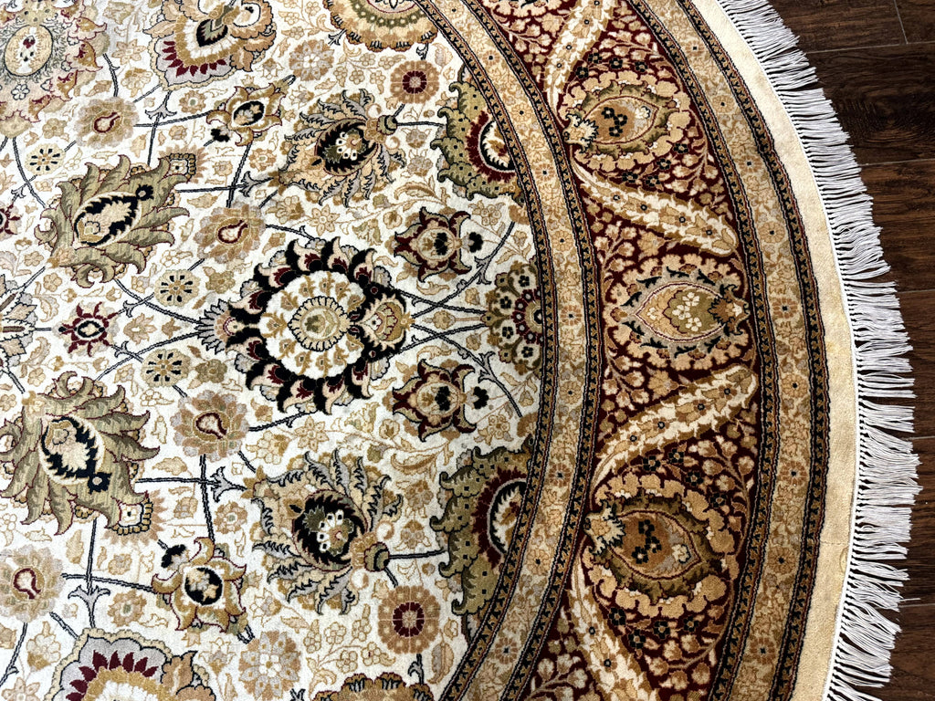 Round Pak Persian Rug 8x8, Vintage Handmade Wool Traditional Carpet, Beige Dark Red, Fine 270 KPSI
