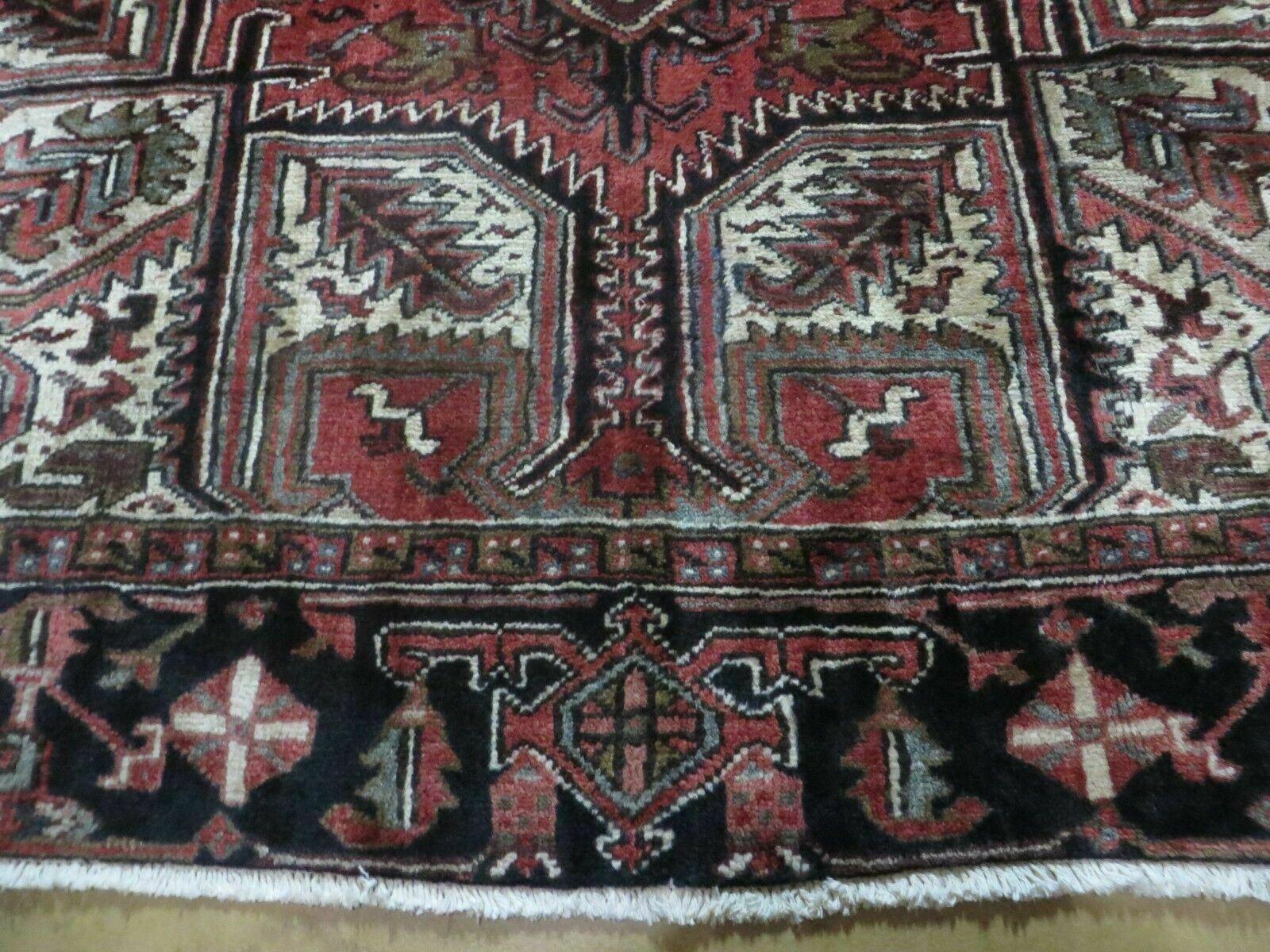 Persian Heriz Rug 8x12 Semi Antique Heriz Carpet, Room Sized Persian Carpet, Geometric Medallion, Wool, Hand Knotted, Red Ivory Dark Blue