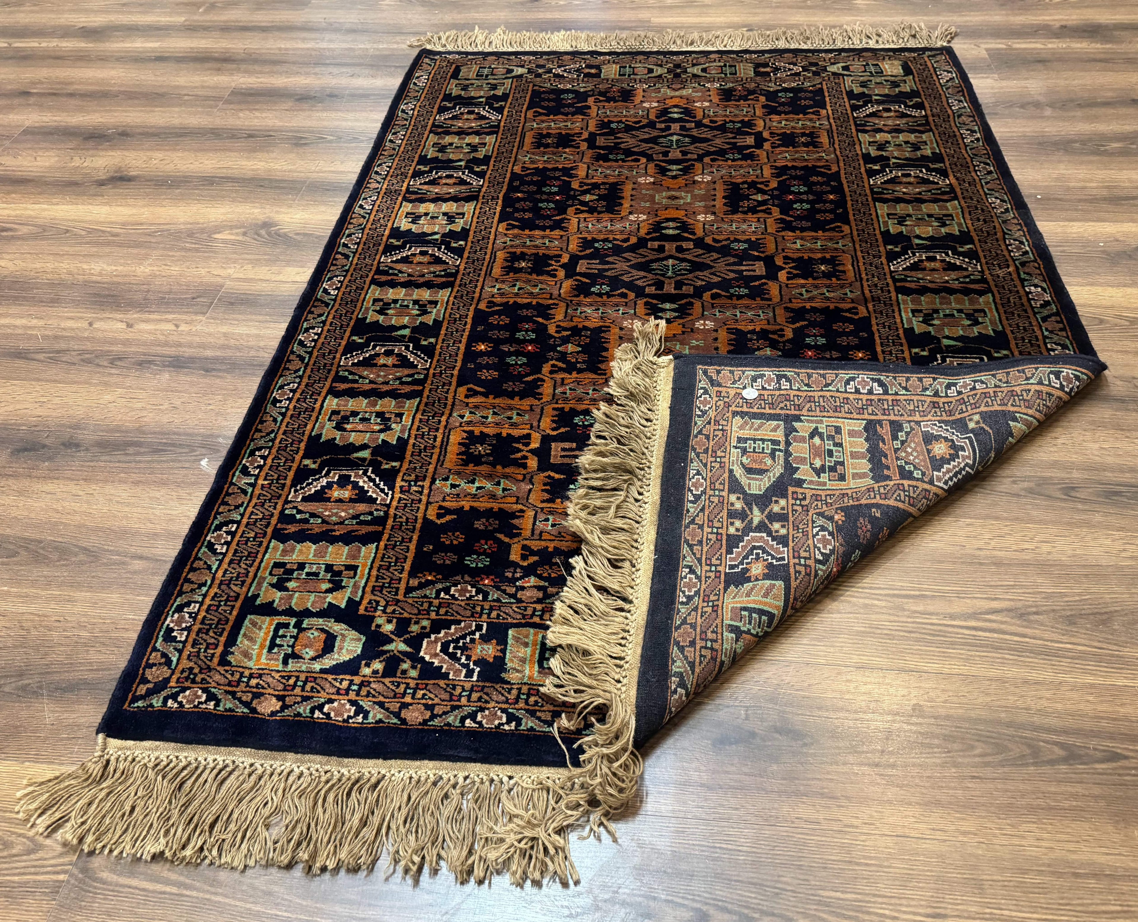 Vintage Afghan Rug 4x6, Navy Blue and Light Brown, Geometric Medallions, Wool on Wool, Tribal Rug