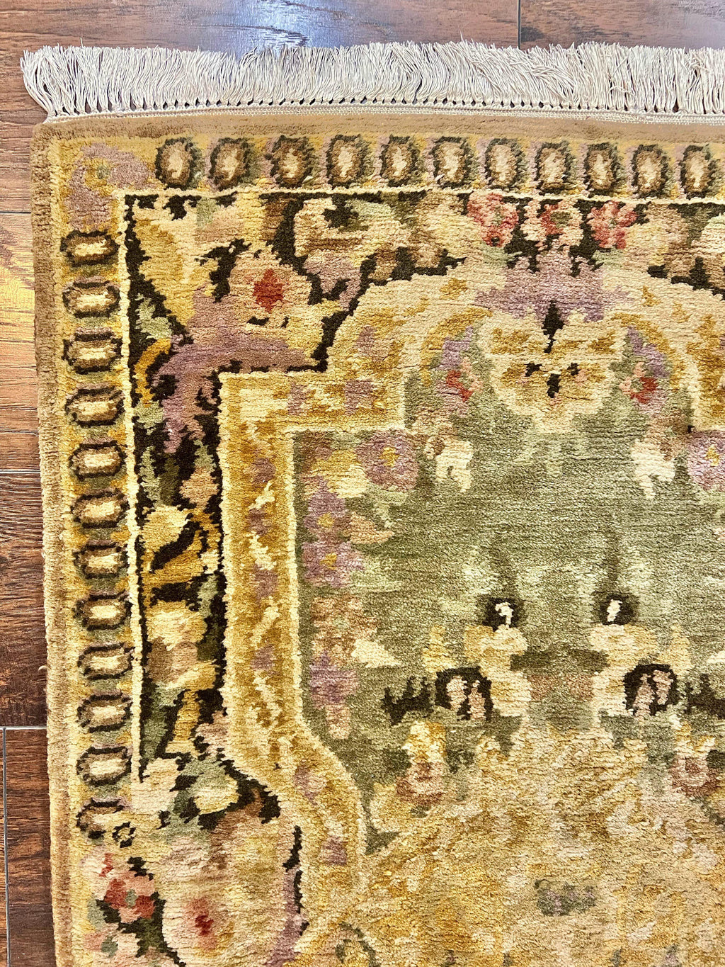 Tibetan Runner Rug 2.6 x 10, French Aubusson Pattern, Gold Olive Green, Vintage Handmade European Design, Wool Hallway Rug