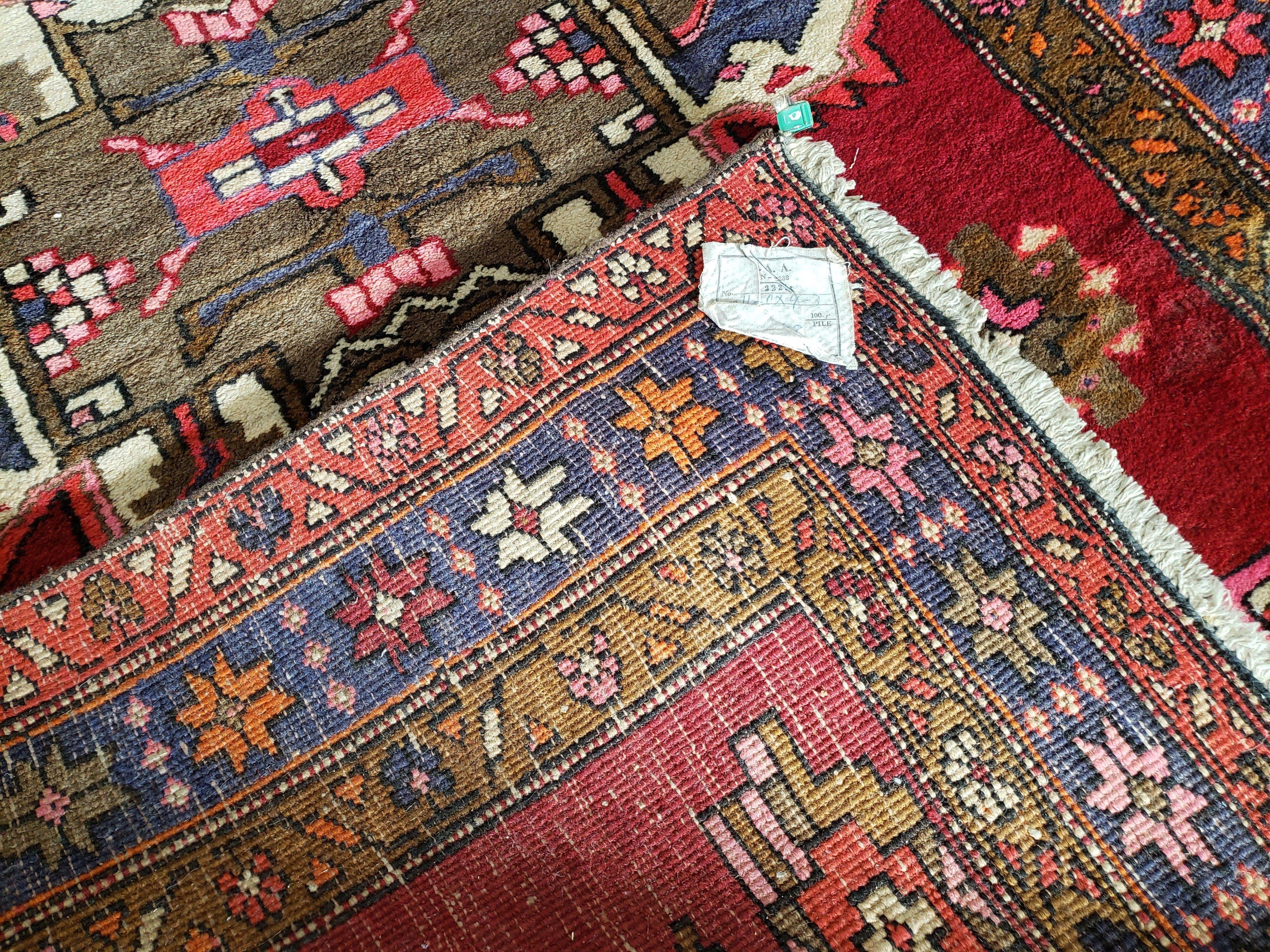 Antique Persian Karajeh Runner Rug 4.4 x 11 ft, Red Colorful Geometric Medallion Runner