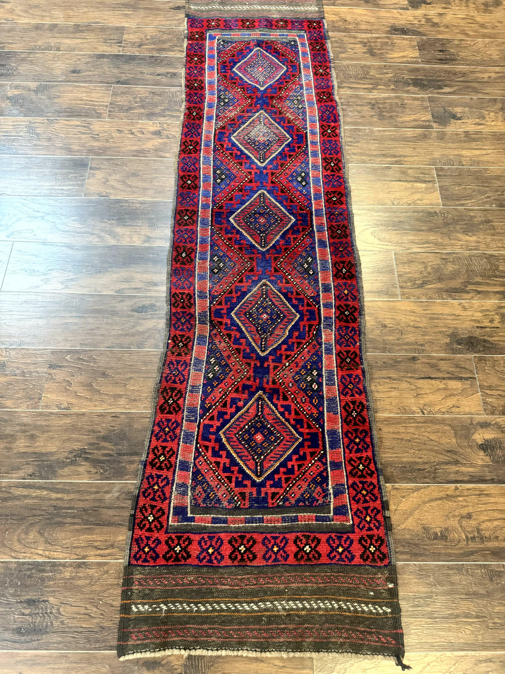 Turkoman Runner Rug 2 x 8.6, Skinny Runner, Handmade Wool Carpet for Hallway, Red and Blue, Wool, Vintage 8ft Runner