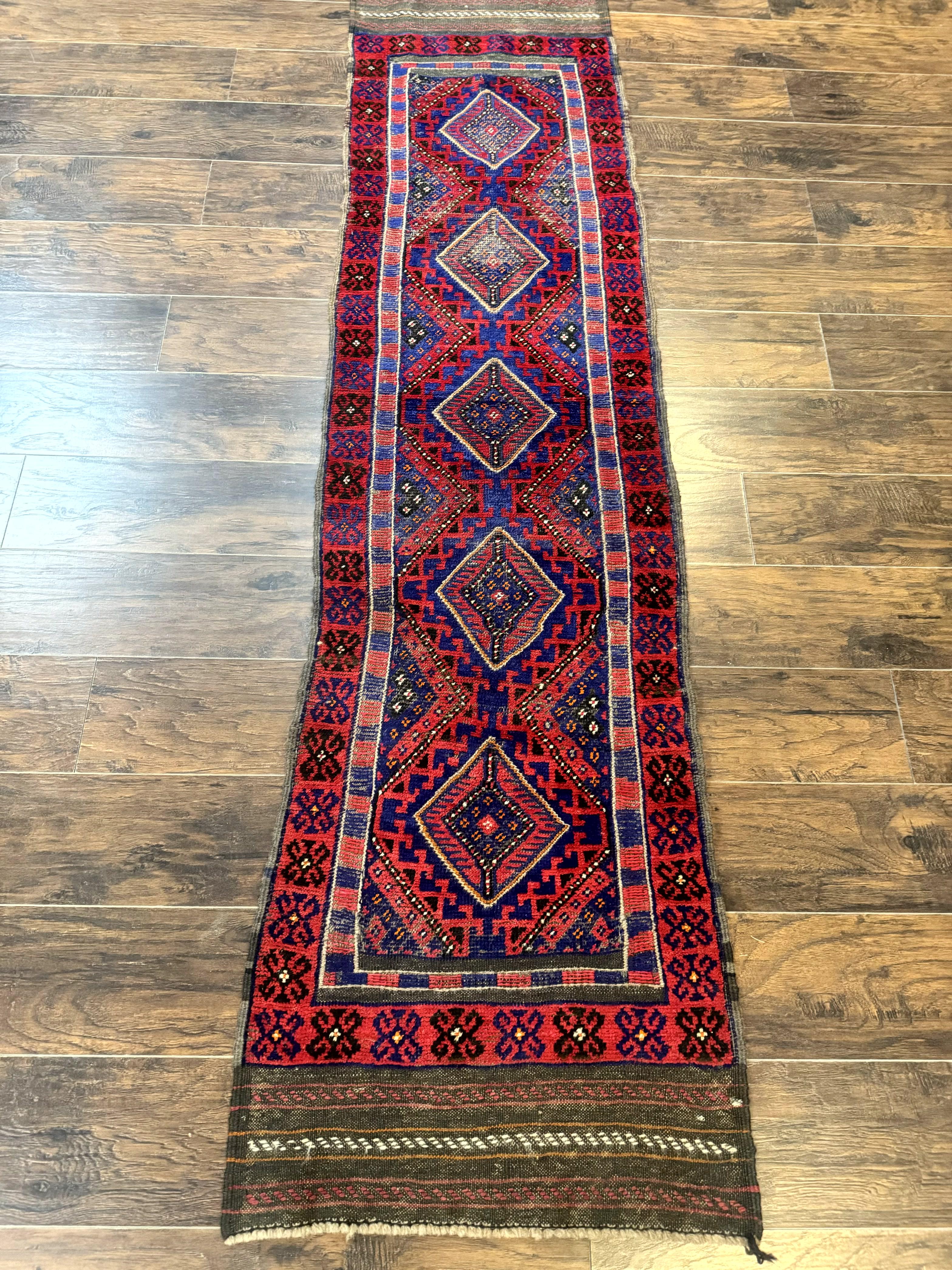 Turkoman Runner Rug 2 x 8.6, Skinny Runner, Handmade Wool Carpet for Hallway, Red and Blue, Wool, Vintage 8ft Runner