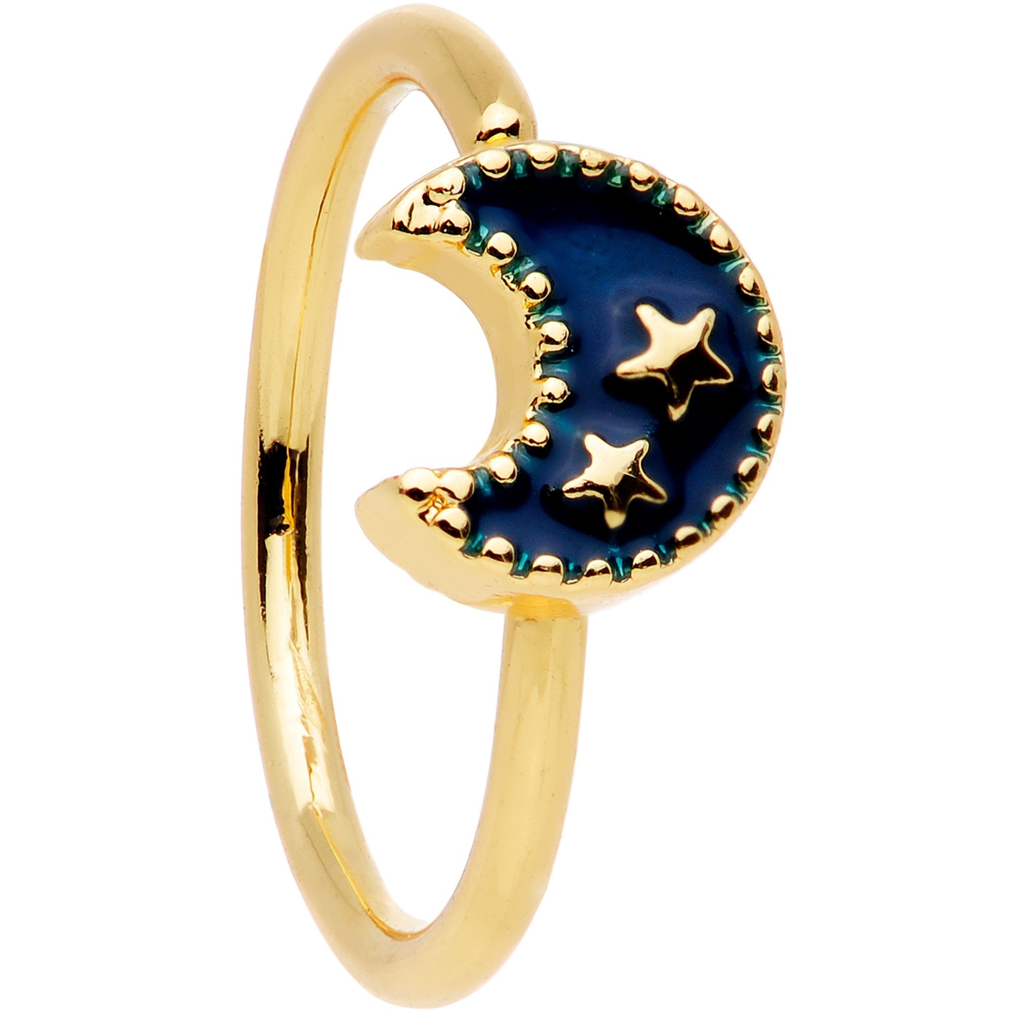 20G 5/16 Gold Tone Blue Crescent Moon and Stars Nose Hoop