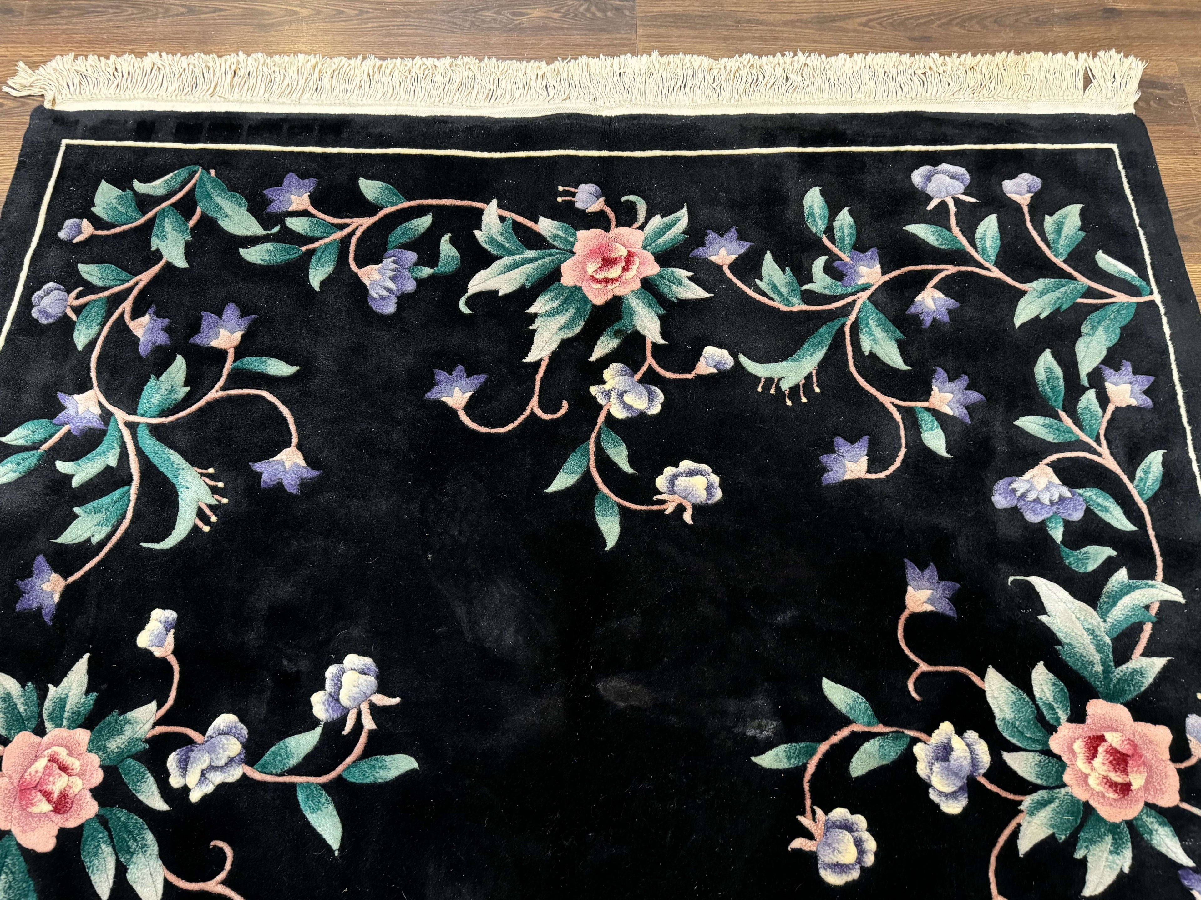 Chinese Wool Rug 6x9, Black, Floral, Minimal Design, 90 Line Carpet, Vintage Art Deco Rug