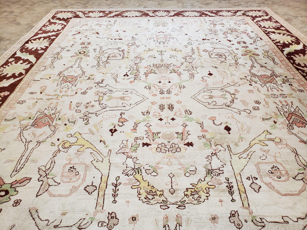 Beige and Maroon Peshawar Rug 10x15, Large Oushak Carpet, Pakistani Rug, Handmade Area Rug, Hand Knotted Rug, Living Room Rug, Nice Wool Rug