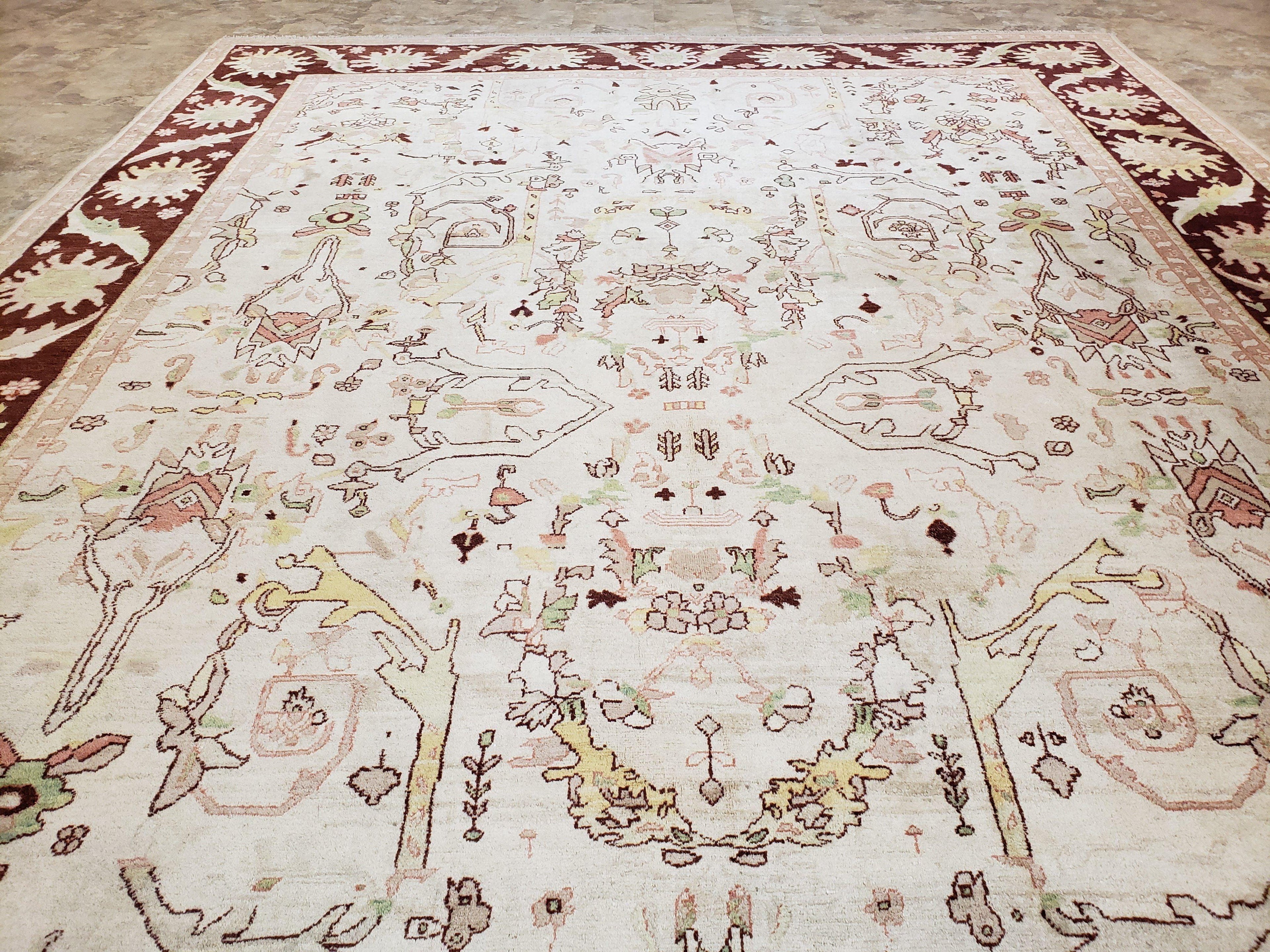 Beige and Maroon Peshawar Rug 10x15, Large Oushak Carpet, Pakistani Rug, Handmade Area Rug, Hand Knotted Rug, Living Room Rug, Nice Wool Rug