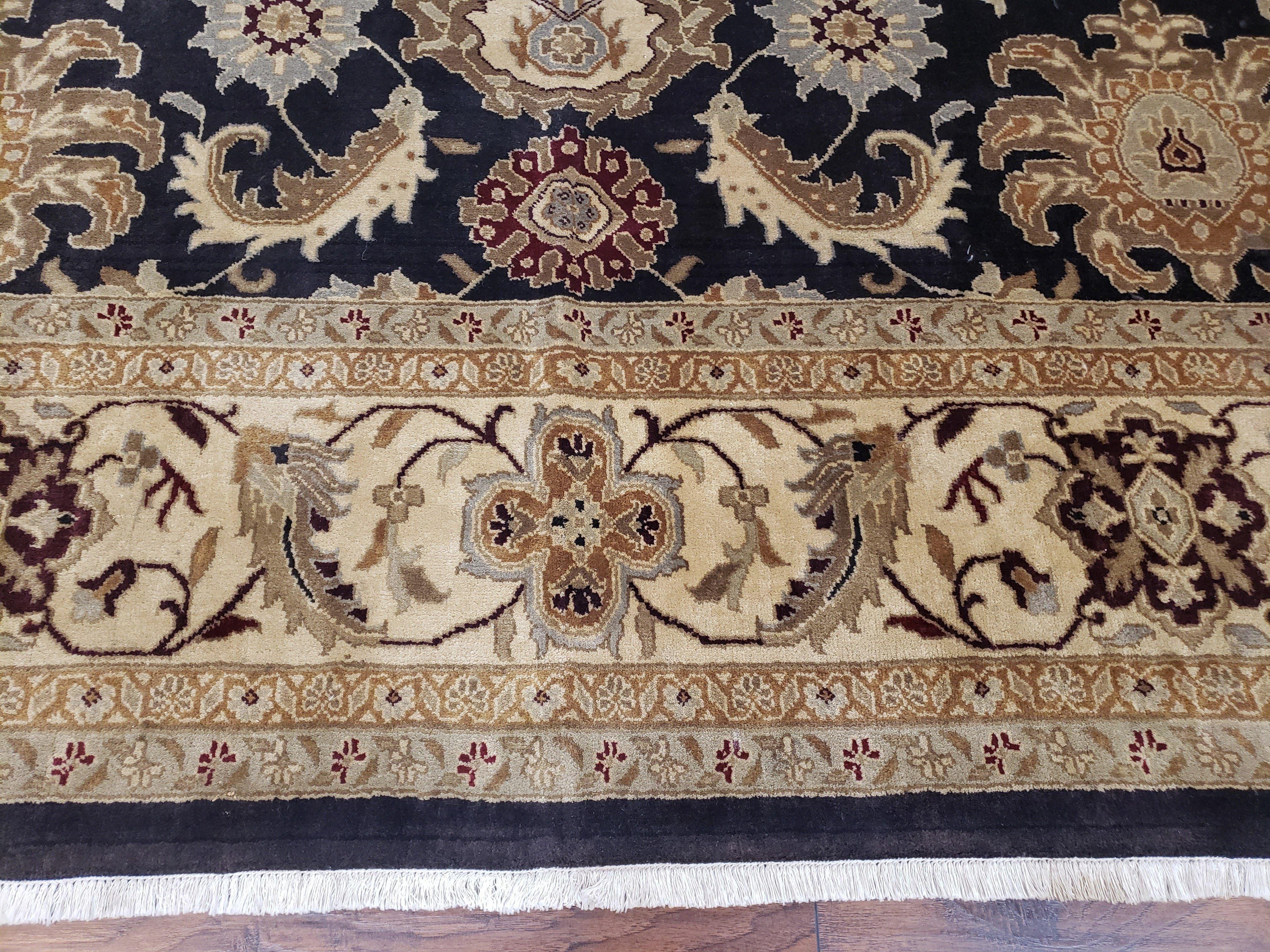 Indo Mahal Rug 8x12, Indian Sultanabad Handmade Area Rug, Vintage Hand-Knotted Wool Black Floral Traditional Oriental Dinning Room Rug