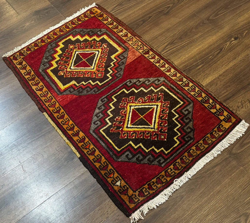 Small Antique Turkish Yastik Rug 2x3, Double Medallions, Geometric, Red, Wool