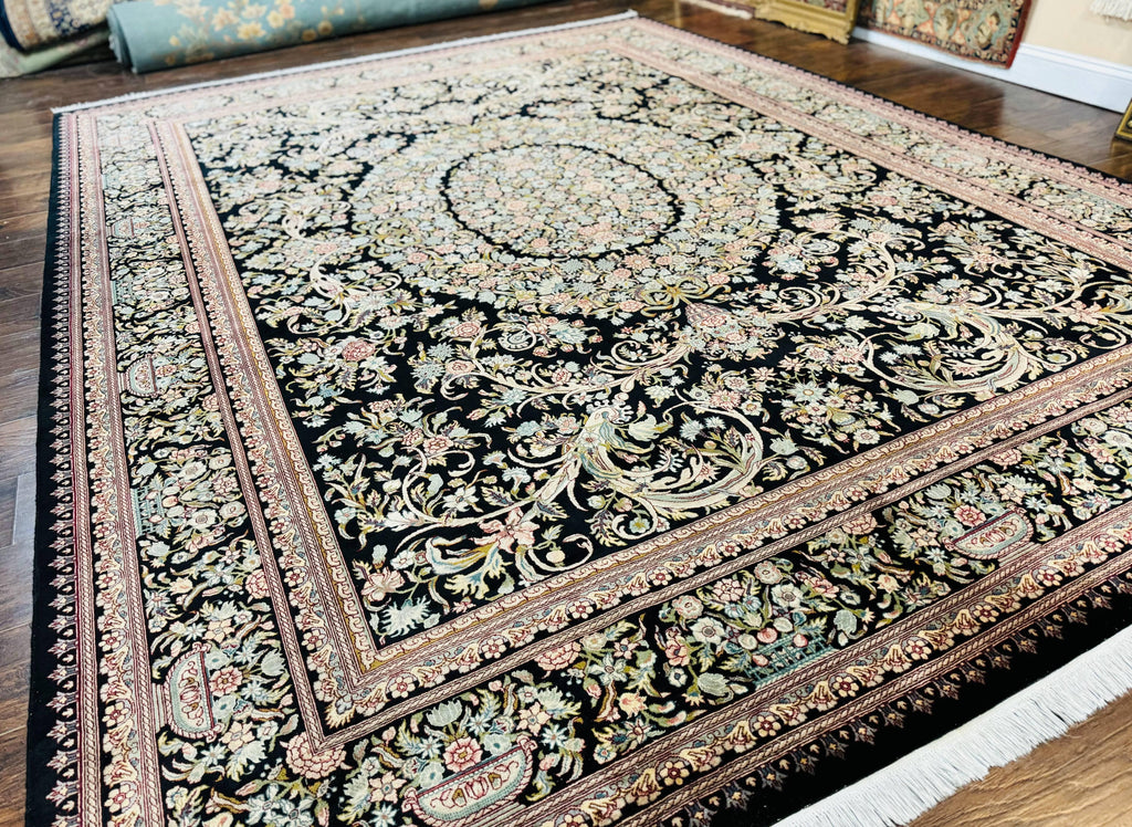 Pak Persian Rug 9x12, Highly Detailed Fine 260 KPSI, Floral, Handmade Traditional Carpet, Black