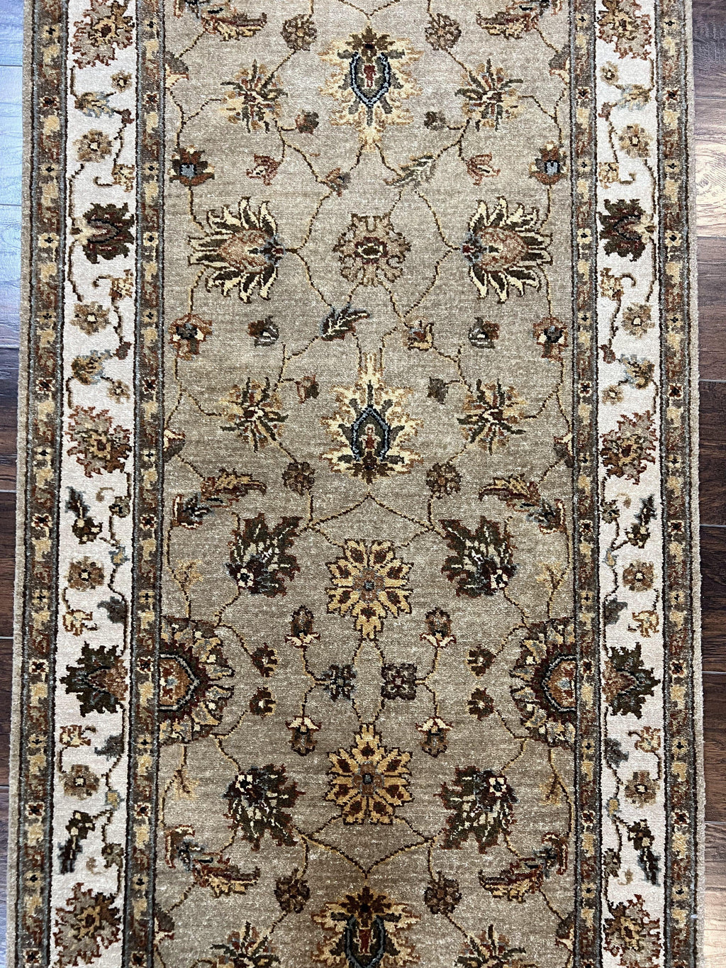 Peshawar Runner Rug 3 x 20, Wool Hand Knotted Vintage Pakistani Carpet, Olive Green & Ivory, Extra Long 20ft Hallway Runner, Floral