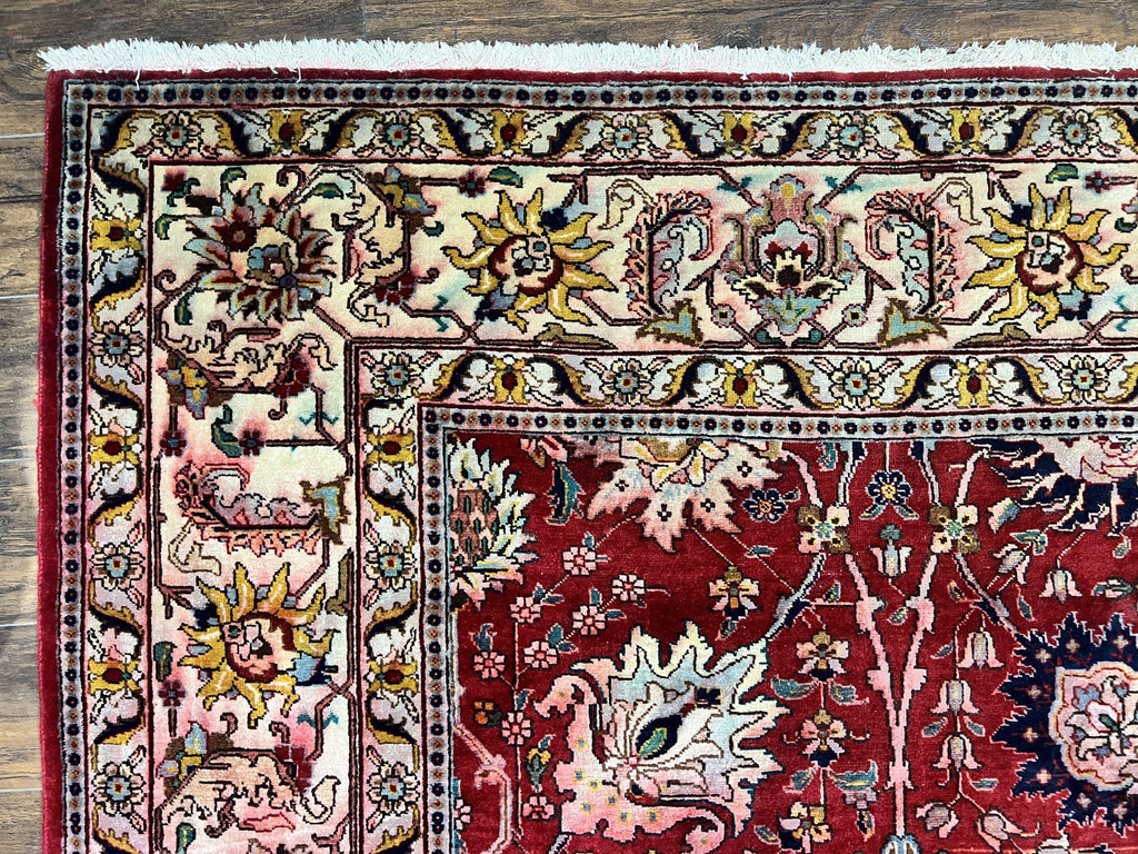 Persian Tabriz Rug 10x12, Floral Allover, Handmade Vintage Wool Carpet, Red and Cream