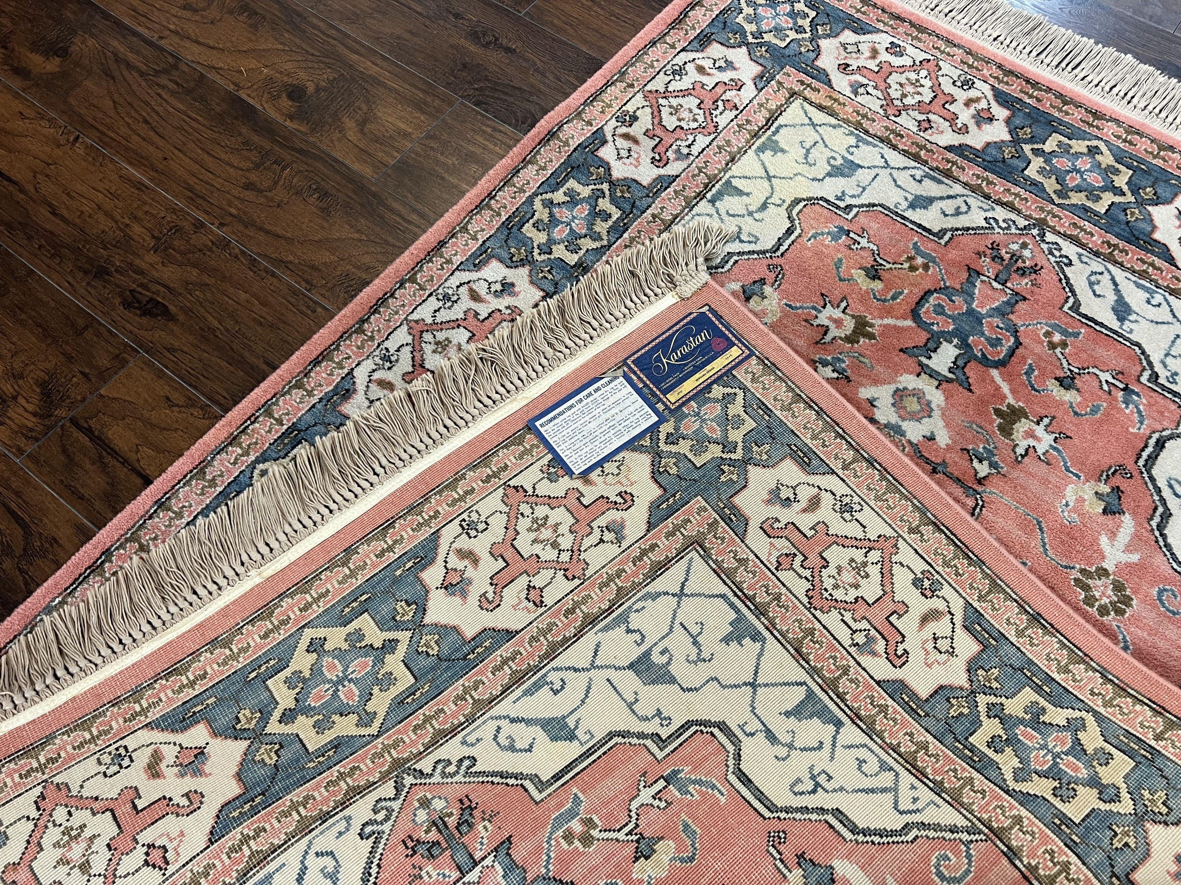 Karastan Rug 4x6 Bergama Design #737, Karastan Area Rug, Vintage Wool Karastan Carpet, Original Collection 700 Series, Salmon Red Light Blue