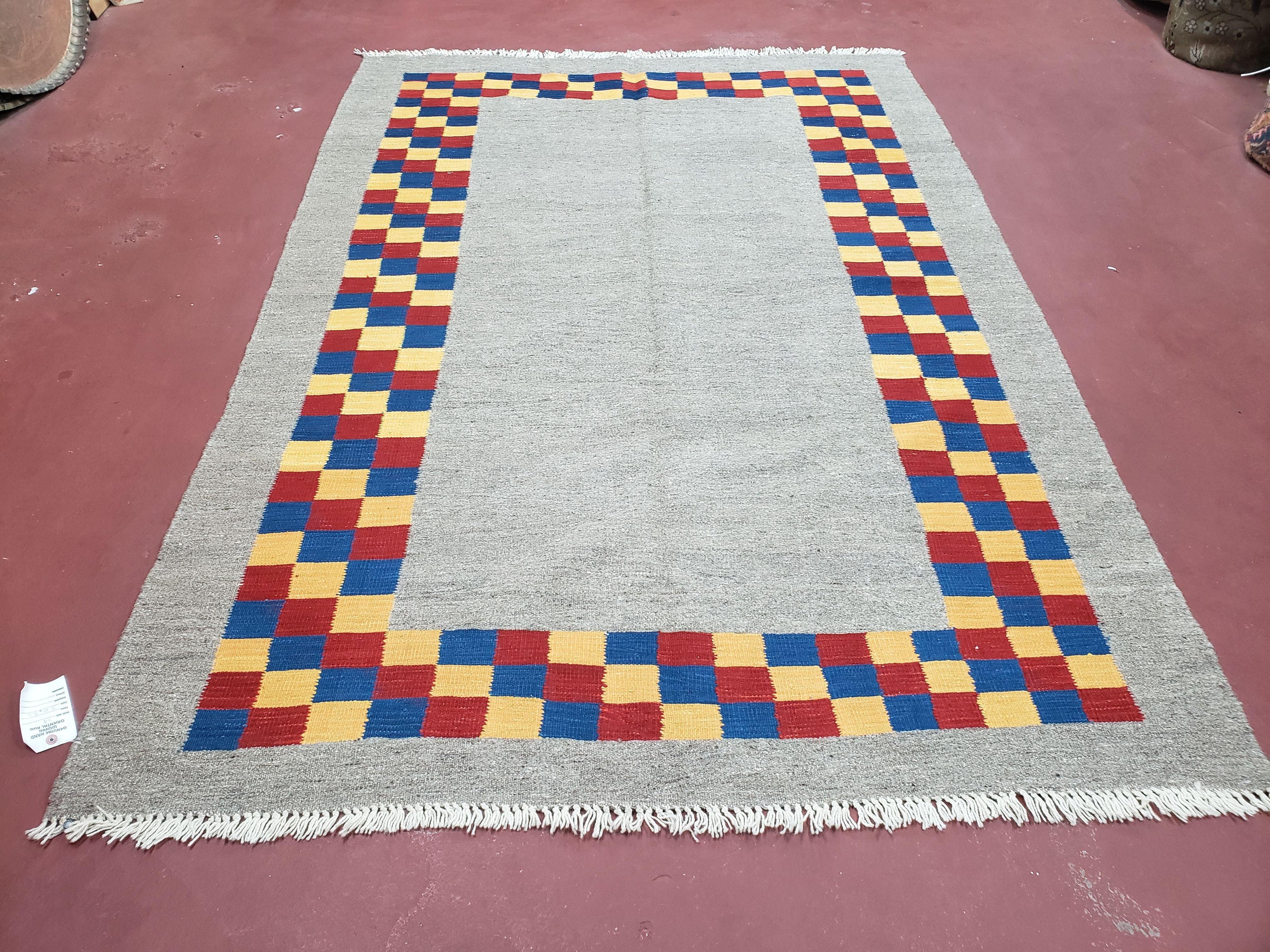 New Turkish Kilim Area Rug, Gray Carpet With Colorful Checker Border, 5'6" x 8", Flatweave Carpet, Playroom Rug, Kids Room Rug, Hand-Knotted