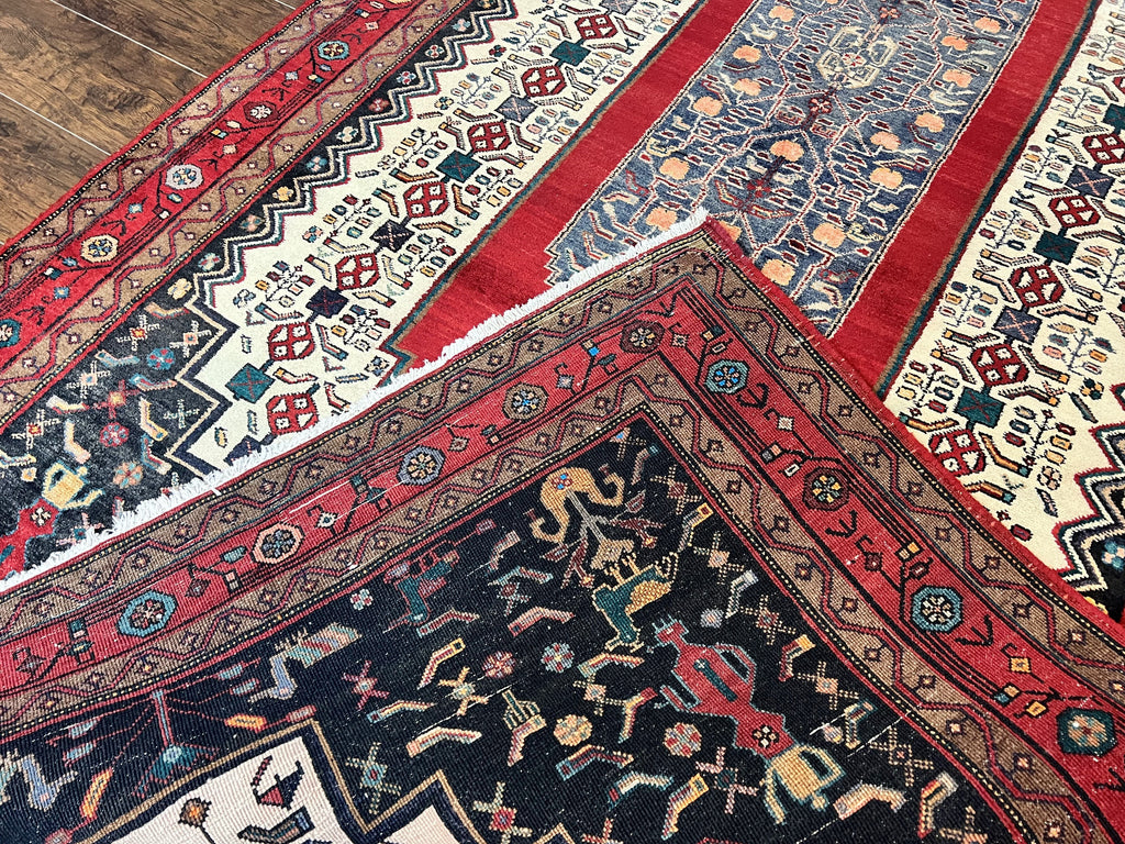 Persian Rug 5x12 ft, Red Cream Navy Blue, Pictorials, Hand Knotted Handmade Wide Runner Tribal Bidjar Semi Antique Wool Geometric Oriental Rug