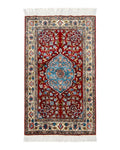 Silk Turkish Kayseri Rug 2x3, Small All Silk Turkish Carpet, Red and Light Blue, Very Fine Hand Knotted Semi Antique Vintage Handmade Rug