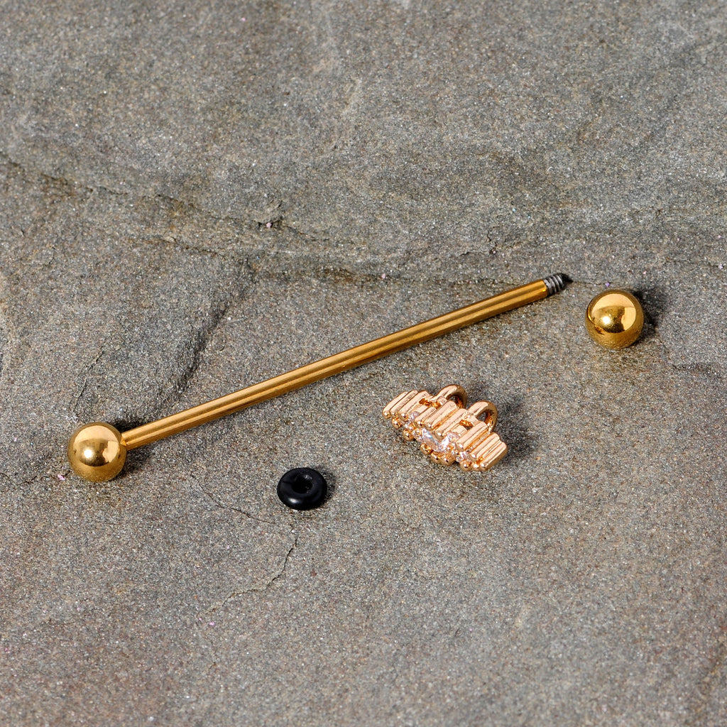 14G Clear CZ Gem Gold Tone Texture Industrial Barbell 38mm