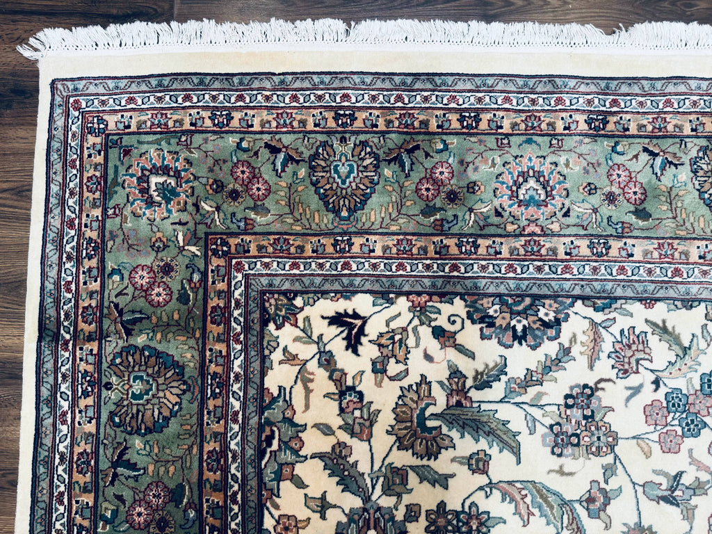 Indo Persian Rug 9x12, Allover Floral Pattern, Ivory & Green, Traditional Oriental Carpet