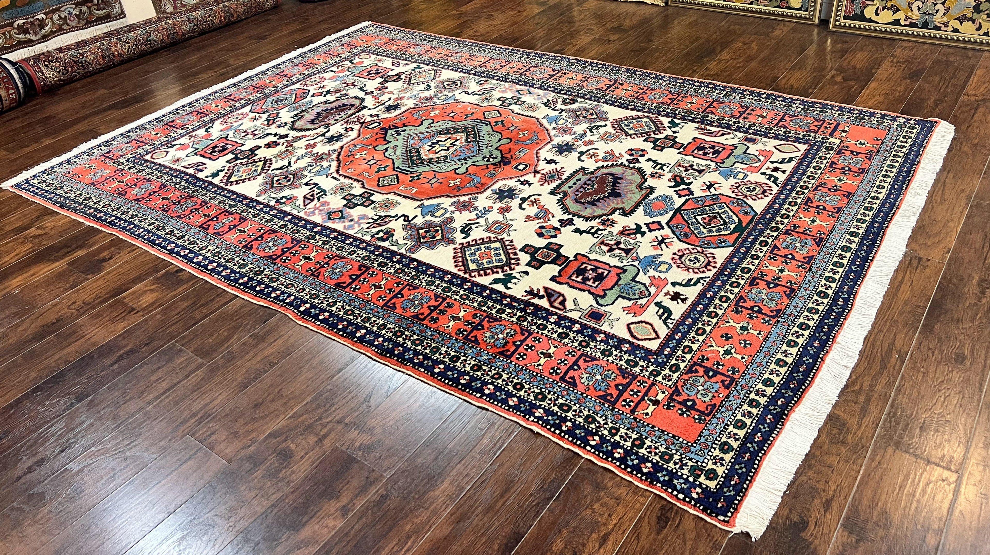 Persian Tribal Rug 8x11, Persian Ardabil Rug, Geometric Medallion Animal Pictorial Rug, Ivory Red Blue, Hand Knotted Vintage Wool Carpet