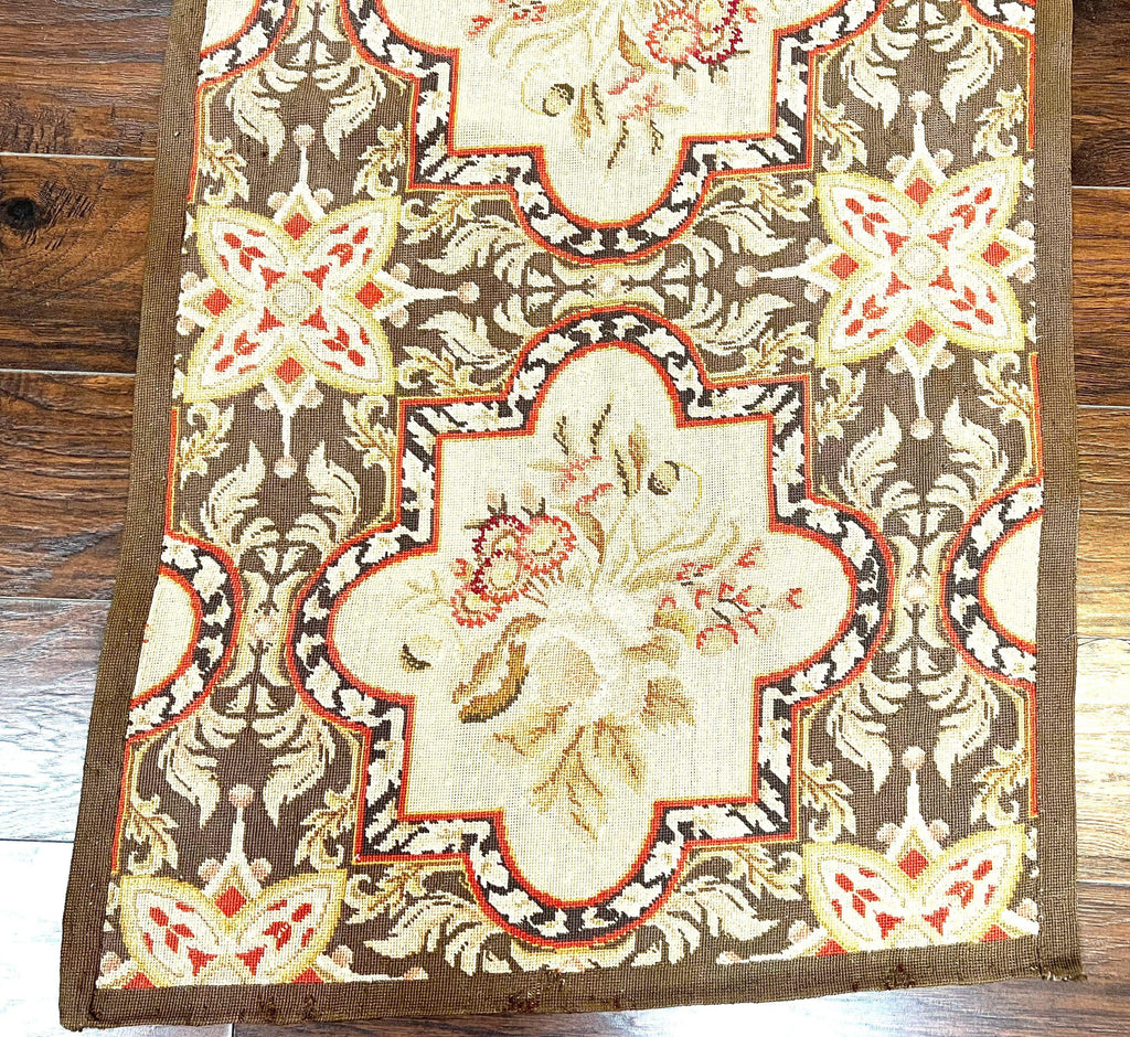 Needlepoint Runner Rug 2.8 x 9.8, Brown and Beige, Handwoven Handmade Floral French European Design, Vintage Flatweave 10ft Wool Runner Rug