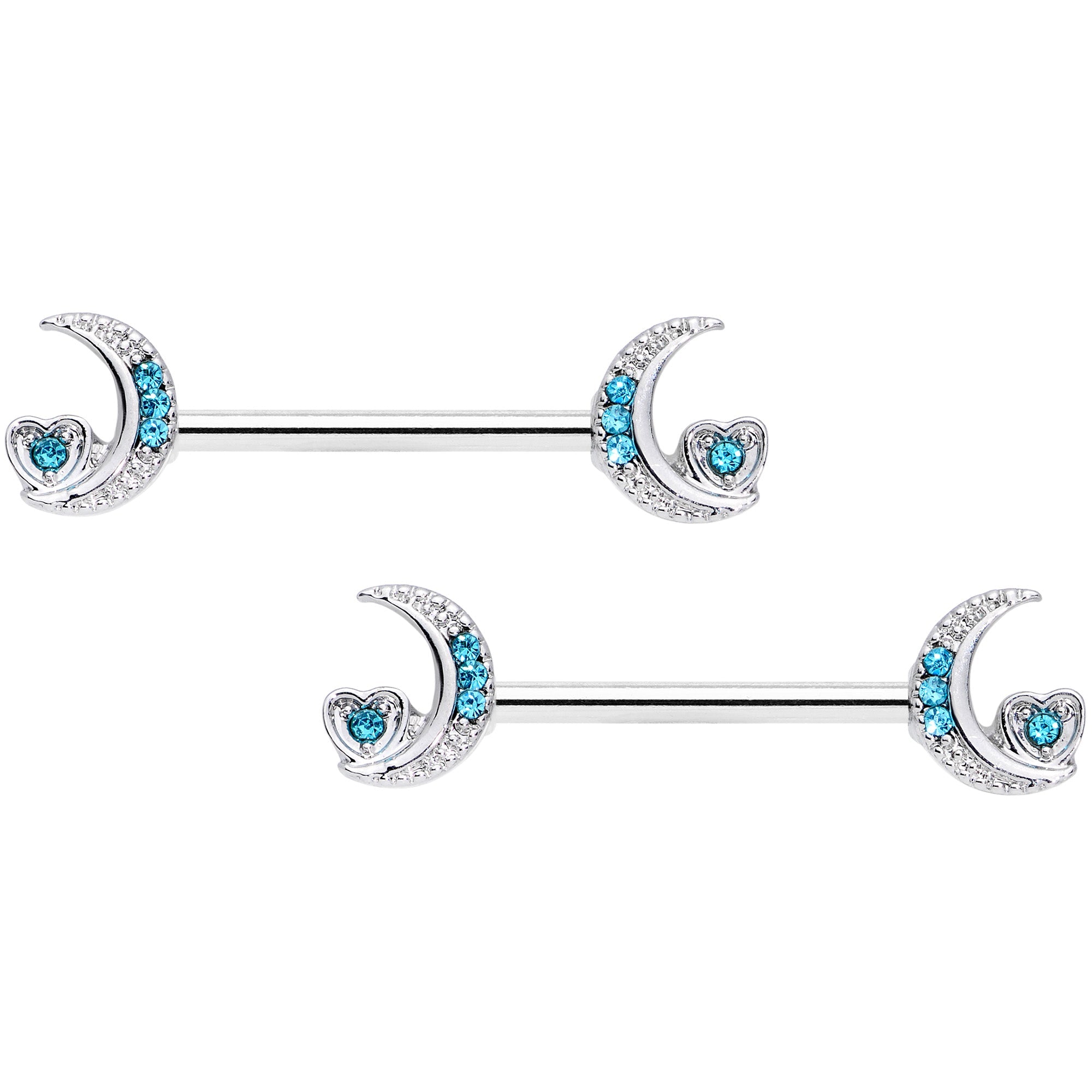 14G 9/16 Blue CZ Gem Crescent Moon Heart Barbell Nipple Ring Set