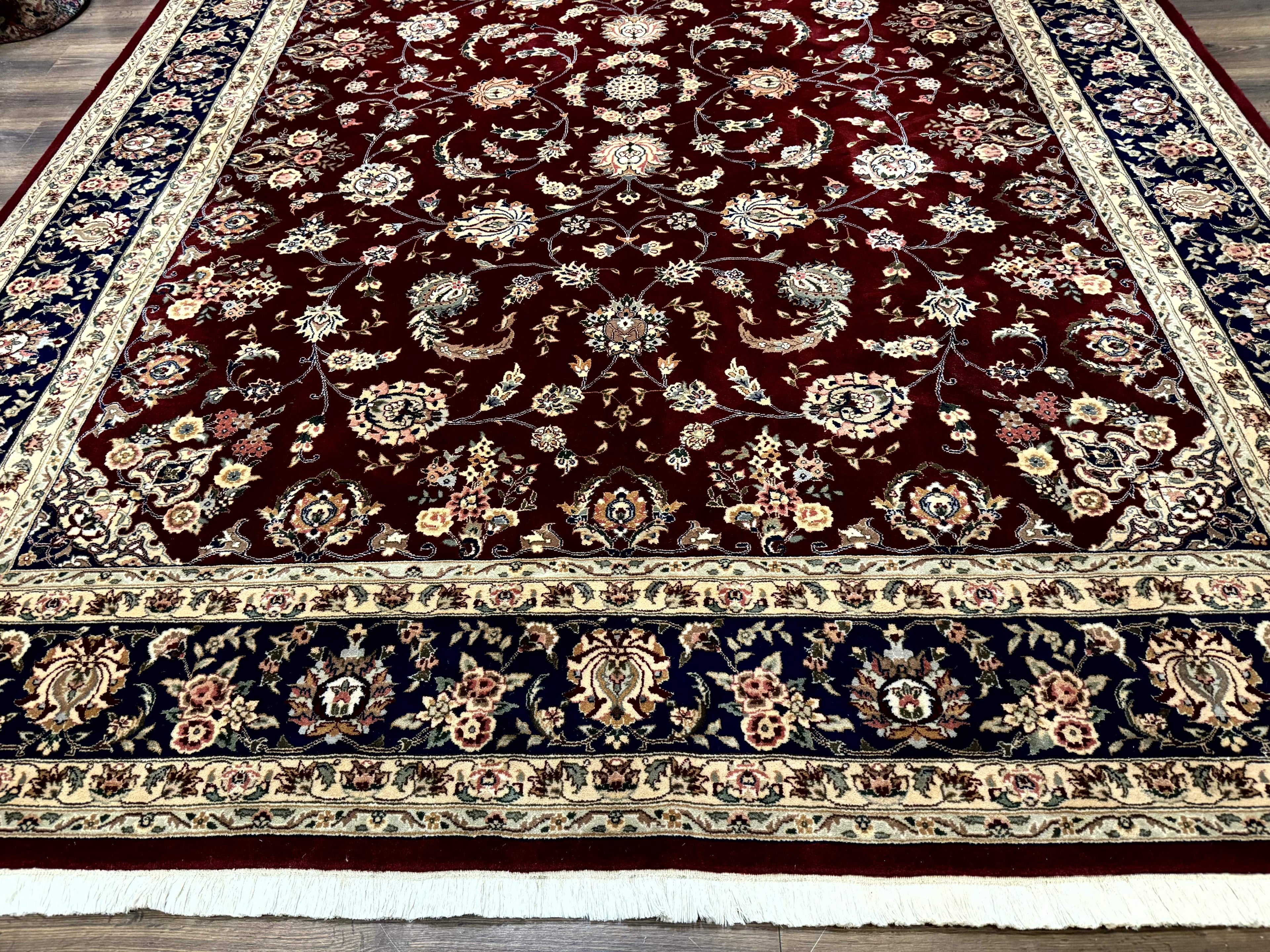 Sino Persian Rug 9x11, Burgundy and Navy Blue, Fine 200 KPSI, Floral Allover