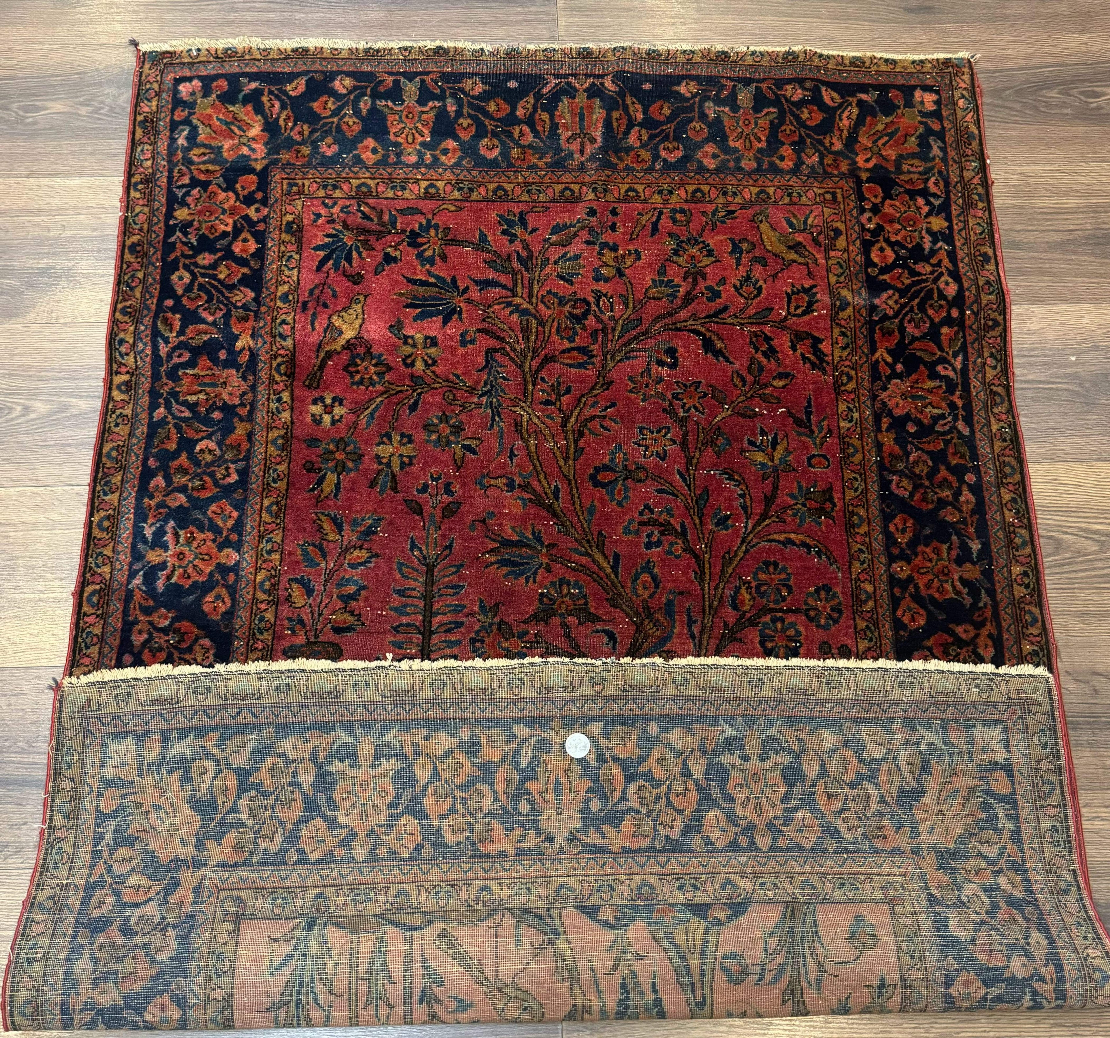 Antique Persian Tree of Life Rug 3x5, Manchester Wool, Bird Pictorials, Fine 240 KPSI, Red Navy Blue