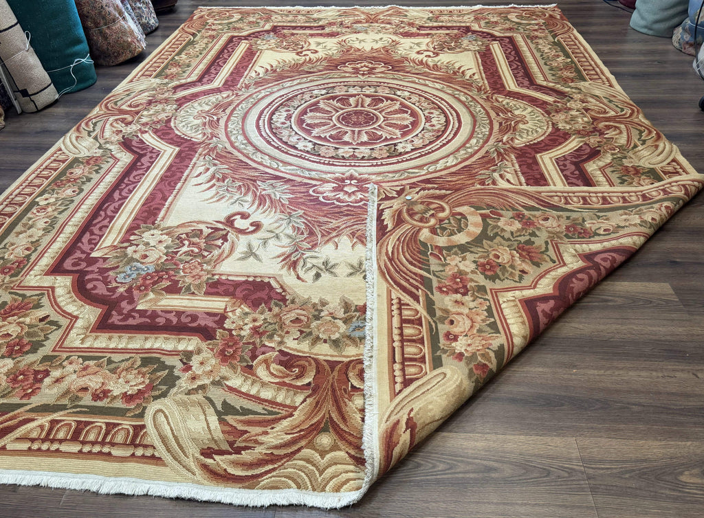 Large Aubusson Rug 10x13, Thick Flatweave Carpet, Elegant European Design, Cream and Raspberry