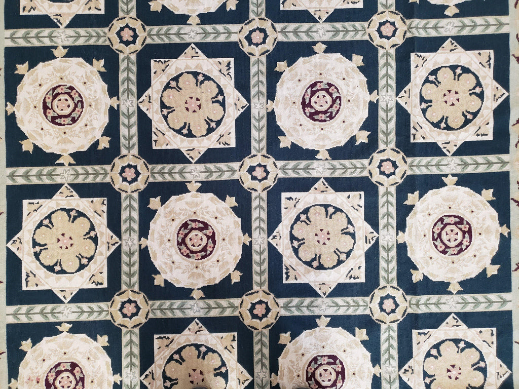 Vintage Chinese Needlepoint Rug 6x9, Panel Design Area Rug Wool Hand-Woven Black & Ivory Carpet Flat Weave Bedroom Rug 6 x 9 Living Room Rug