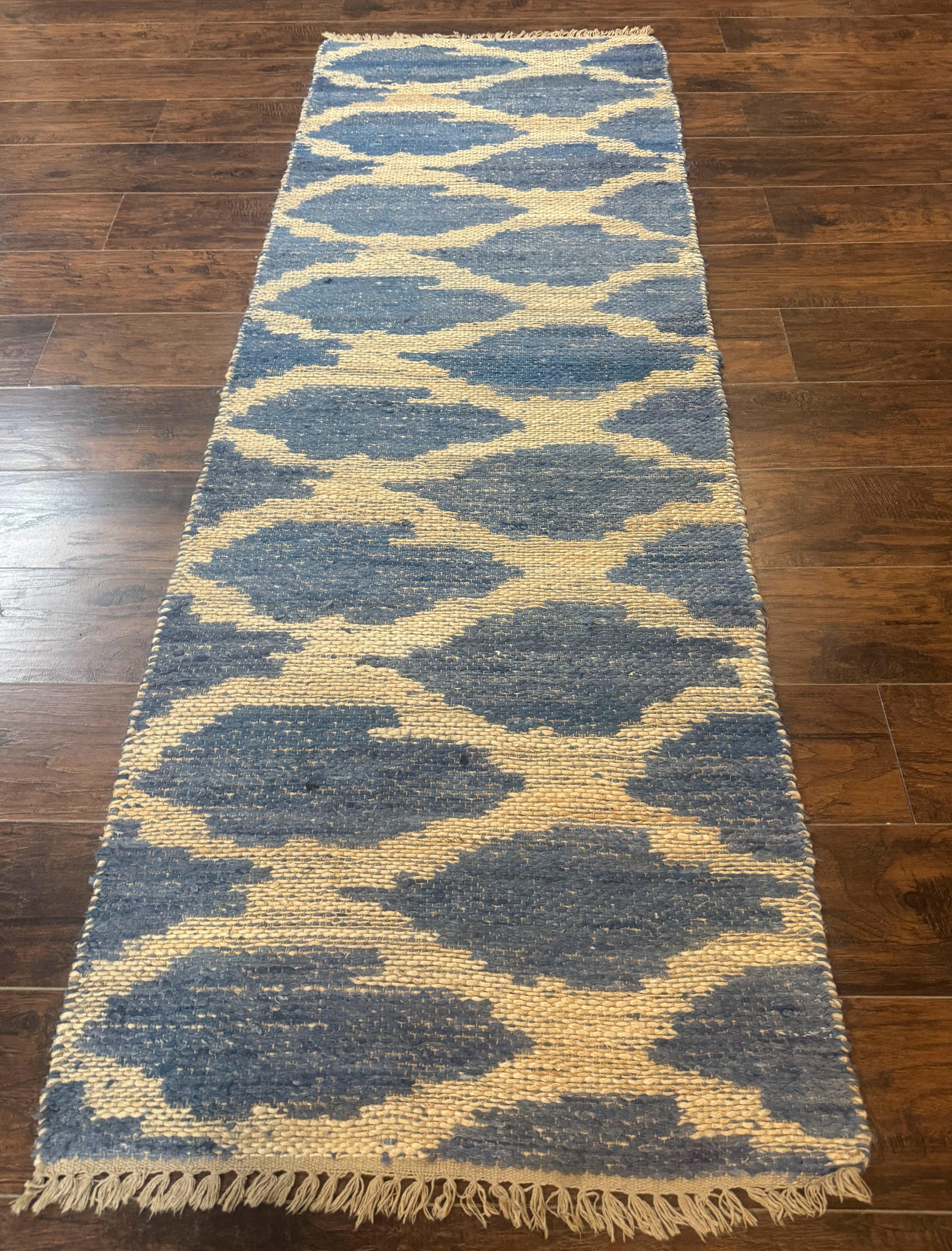 Modern Jute Runner Rug 2.9 x 7.9, Beige and Blue, Handwoven, Kaleen Rug