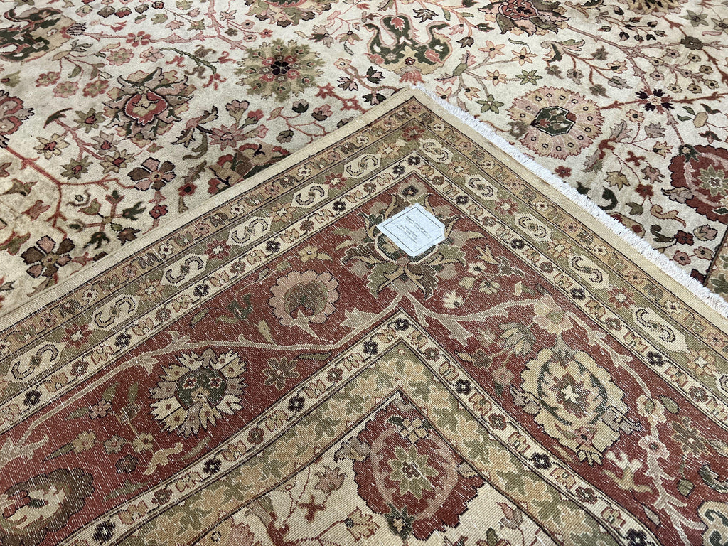 Large Indian Rug 10x14, Hand Knotted Indo Persian Gandehar Oriental Carpet, Vintage Wool Rug 10 x 14 ft Cream Red Floral Allover Traditional