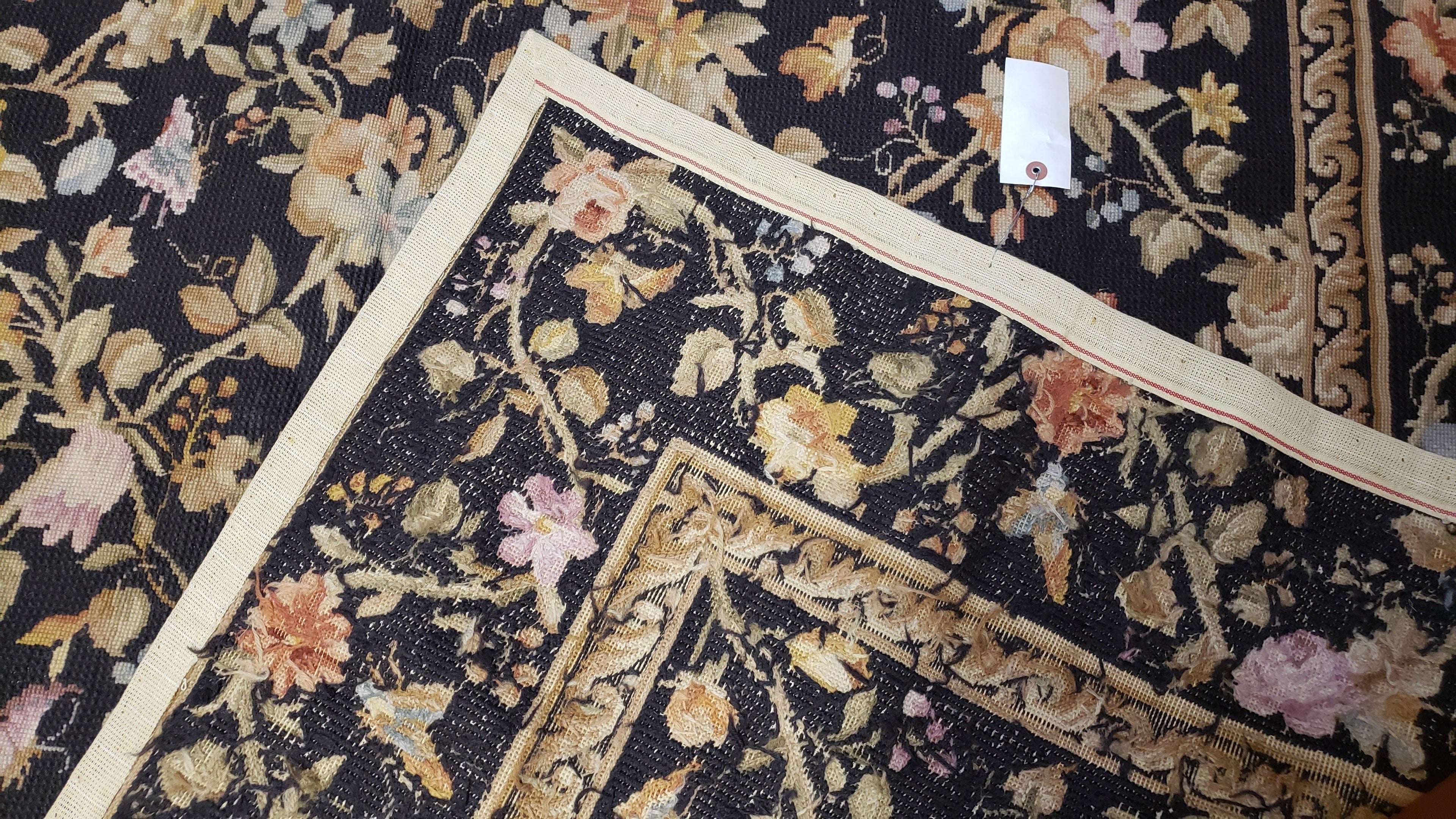 6x9 Vintage Needlepoint Rug, Petitepoint Carpet, Butterflies Floral Design