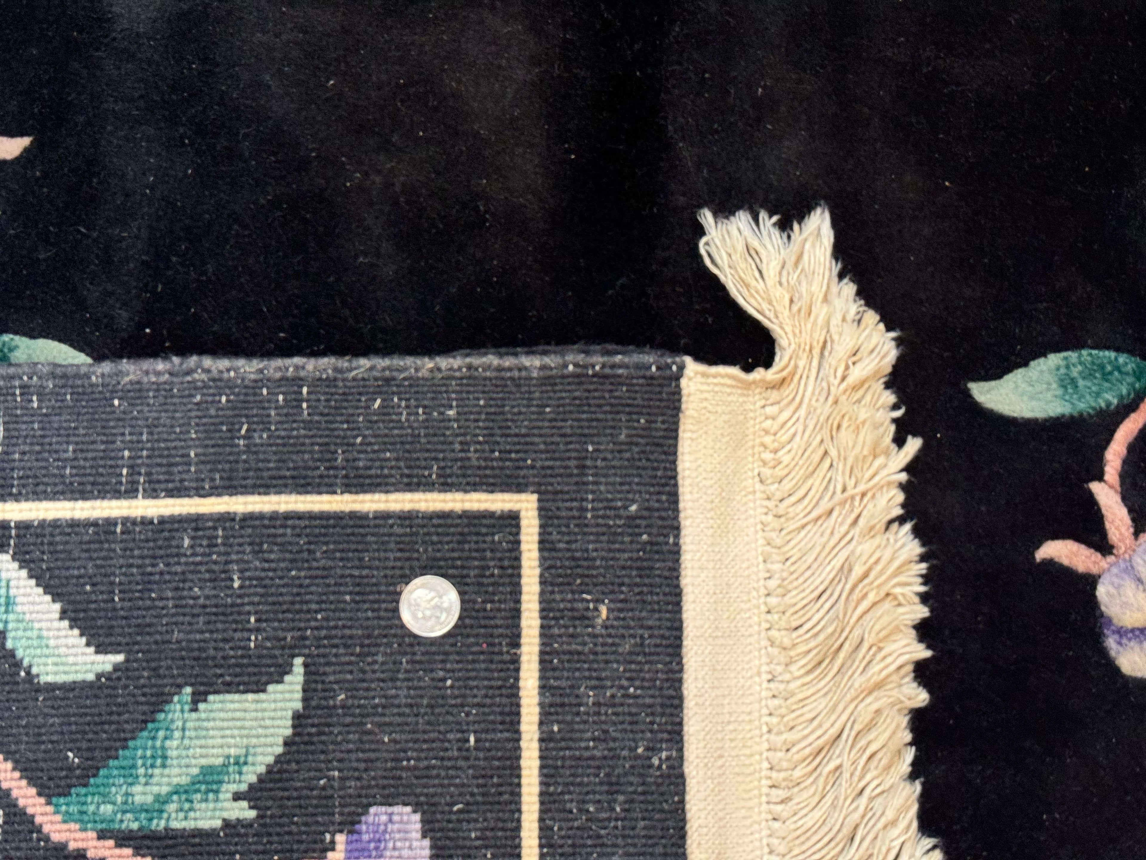Chinese Wool Rug 6x9, Black, Floral, Minimal Design, 90 Line Carpet, Vintage Art Deco Rug