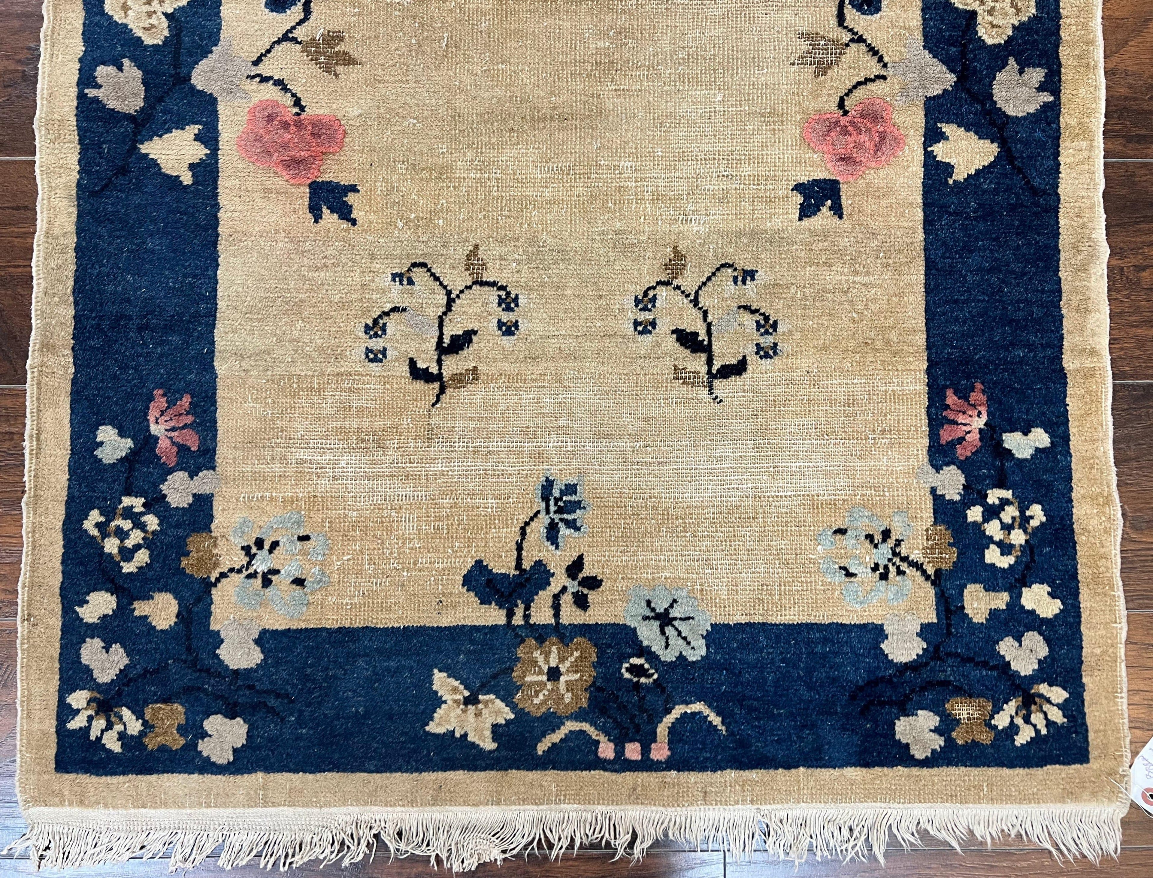 Antique Chinese Peking Rug 3x6, Beige and Dark Blue Hand Knotted Handmade Asian Oriental Carpet, Floral Vases, Vintage Wool Art Deco Rug