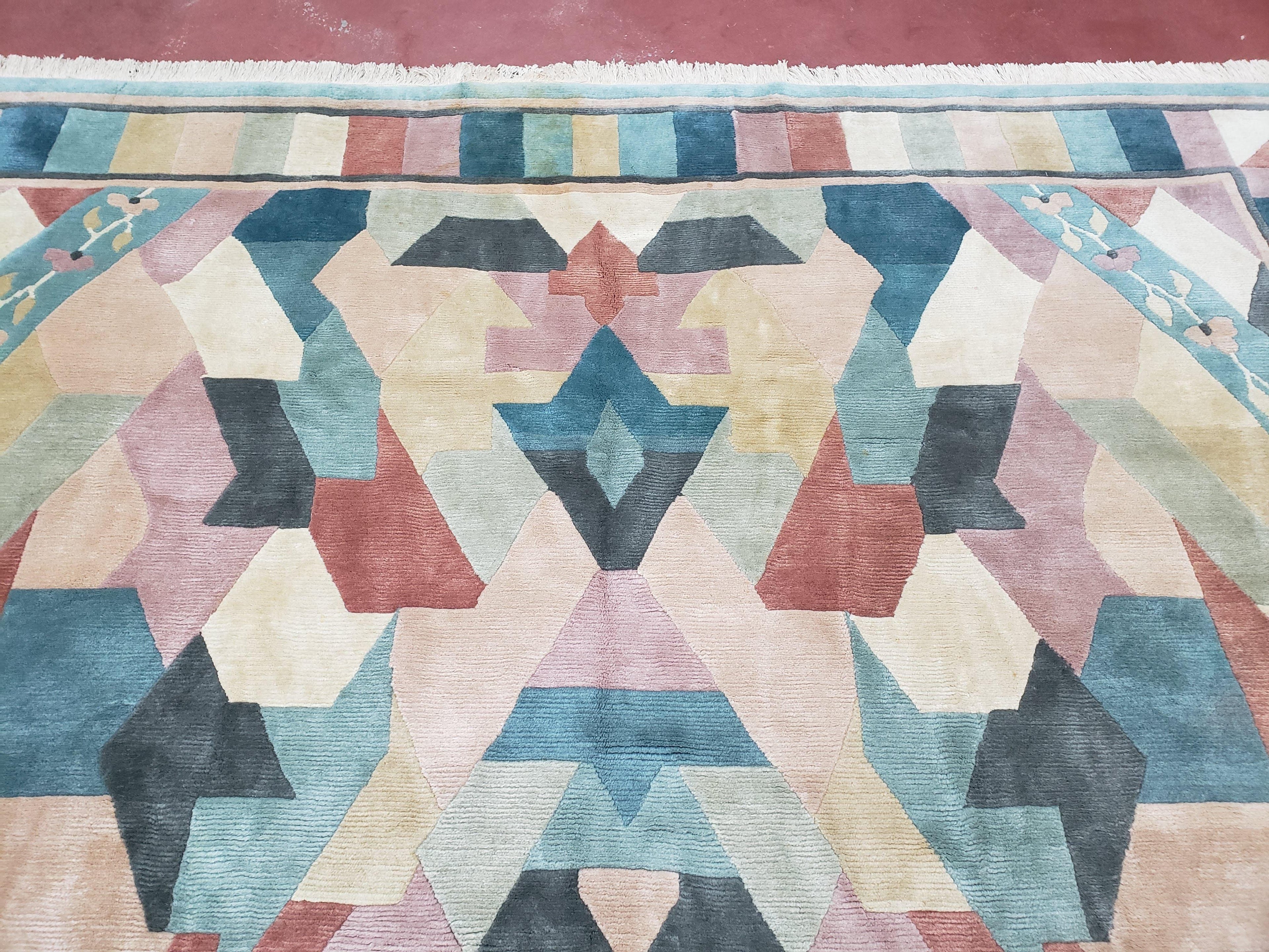 Contemporary Indian Nepalese Area Rug 8x11, Wool Hand-Knotted Modern Multicolor Nepali Abstract Carpet 8 x 11 Soft Playroom Nursery Room Rug