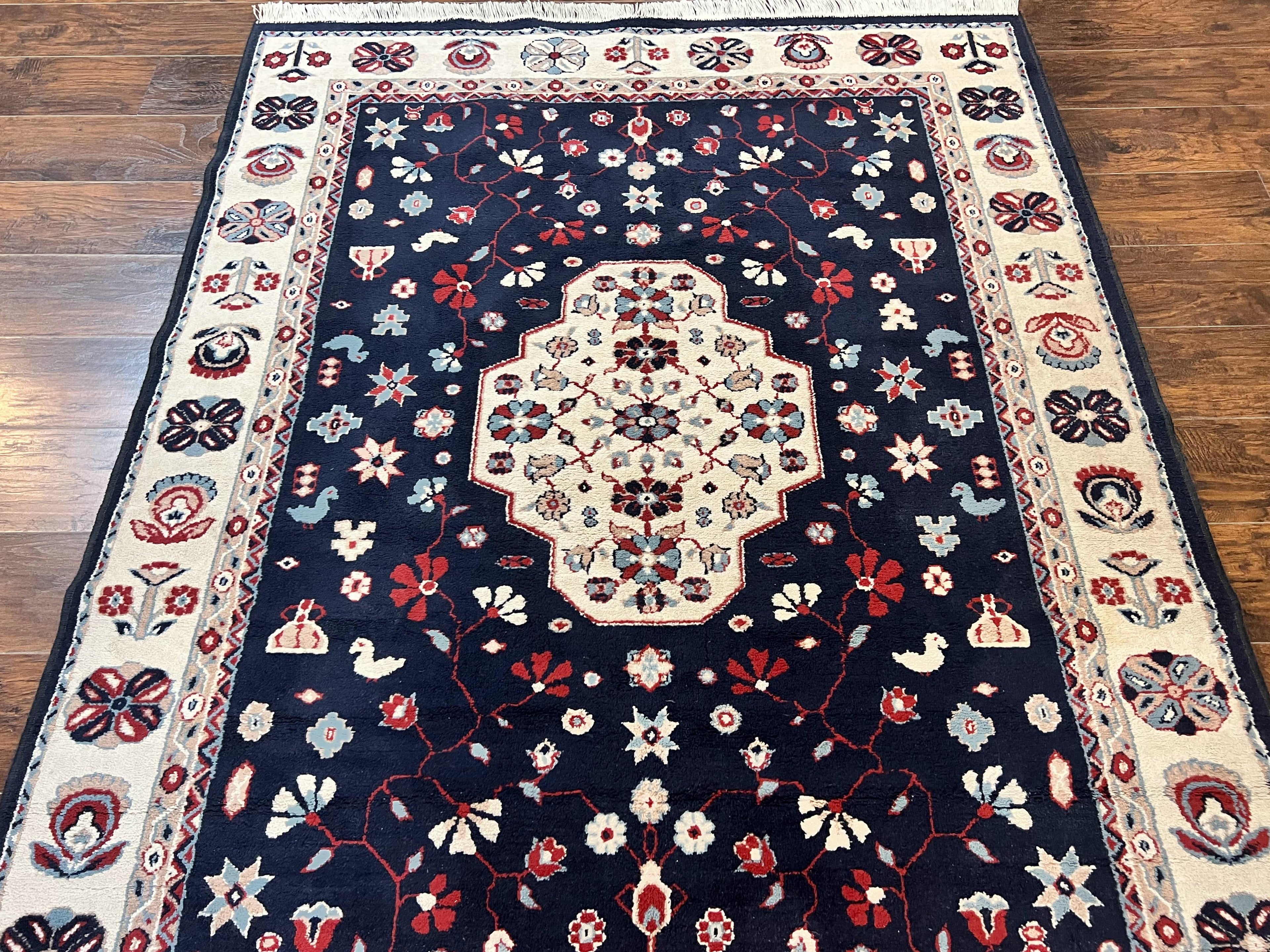 Belgium Power Loomed Rug 5.6 x 7, Navy Blue and Ivory, Heriz Pattern, Vintage Oriental Carpet
