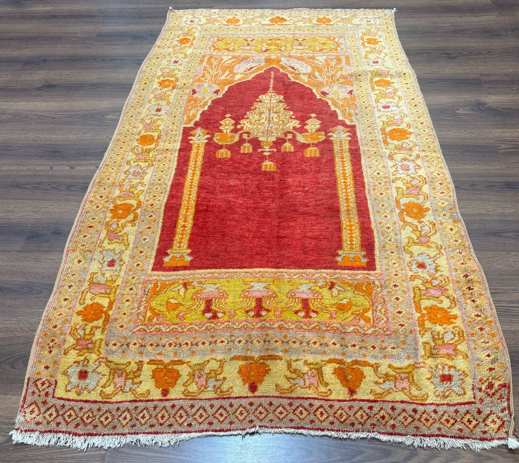 Antique Turkish Prayer Rug 4x6, Red and Golden Mustard, Mihrab Design, Anatolian Carpet