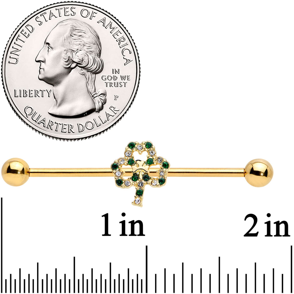 14G Green Gem Gold Tone Double Shamrock Industrial Barbell 38mm