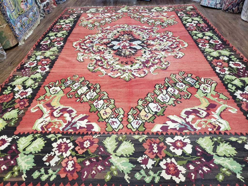 Karabakh Rug 8x11, Caucasian Kilim Rug, Vintage Antique Turkish Anatolian Azerbaijani Carpet, Wool Red & Black Hand-Woven 8 x 11 Living Room