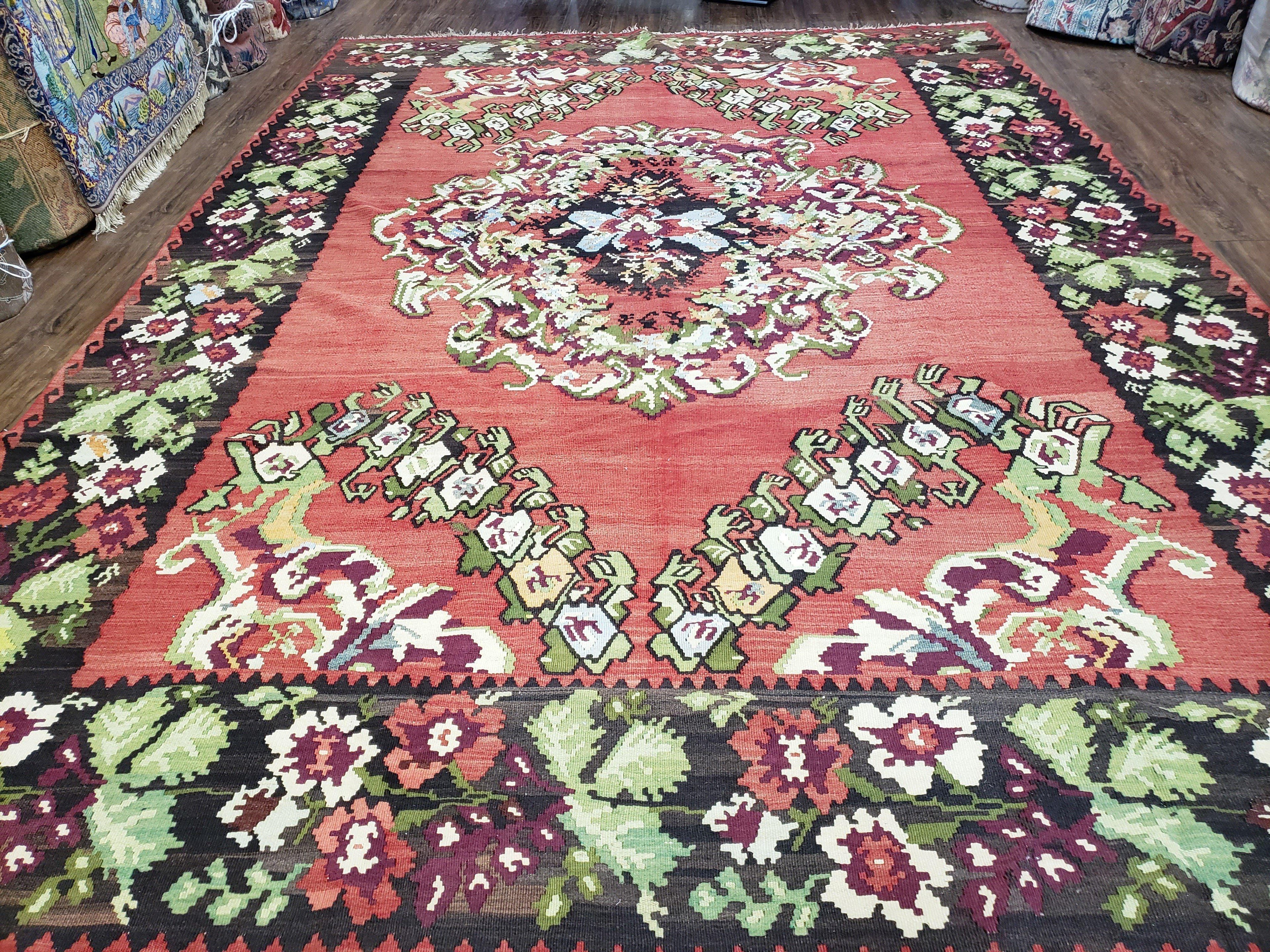 Karabakh Rug 8x11, Caucasian Kilim Rug, Vintage Antique Turkish Anatolian Azerbaijani Carpet, Wool Red & Black Hand-Woven 8 x 11 Living Room