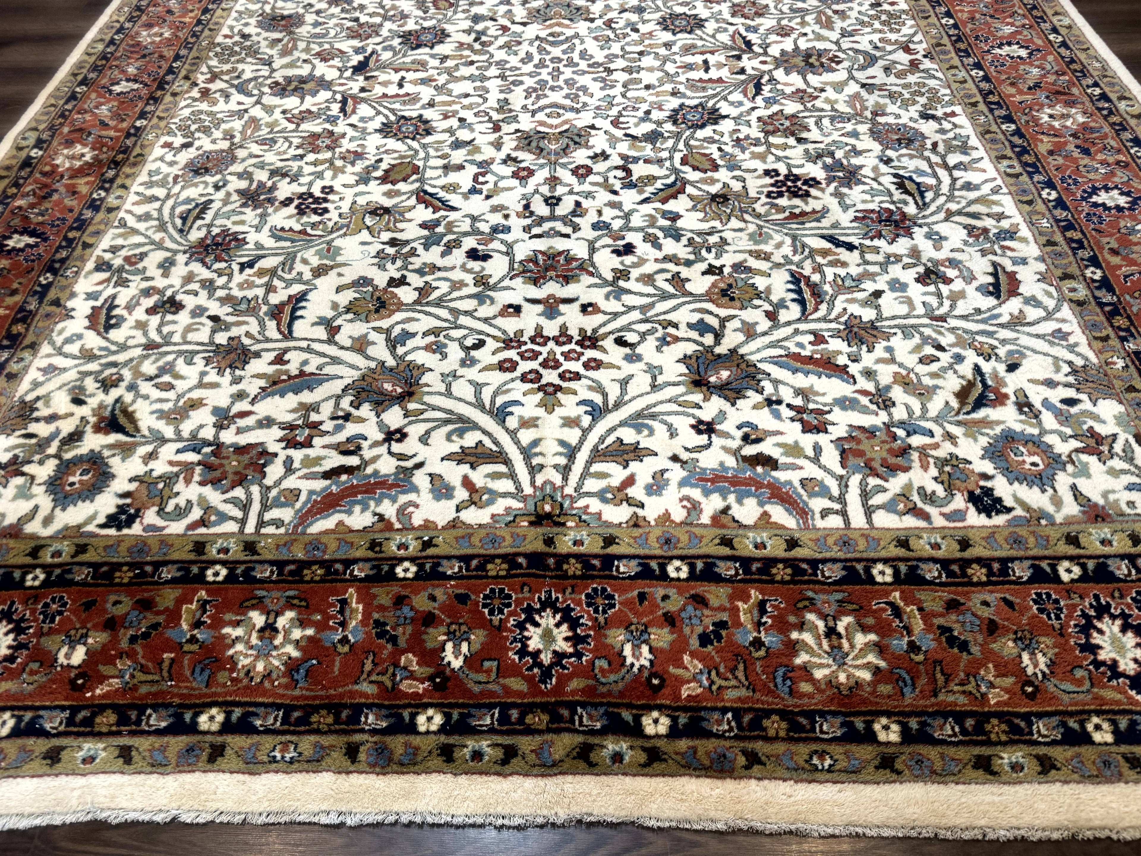 Indo Persian Rug 9x12, Ivory and Red, Traditional Wool Oriental Carpet