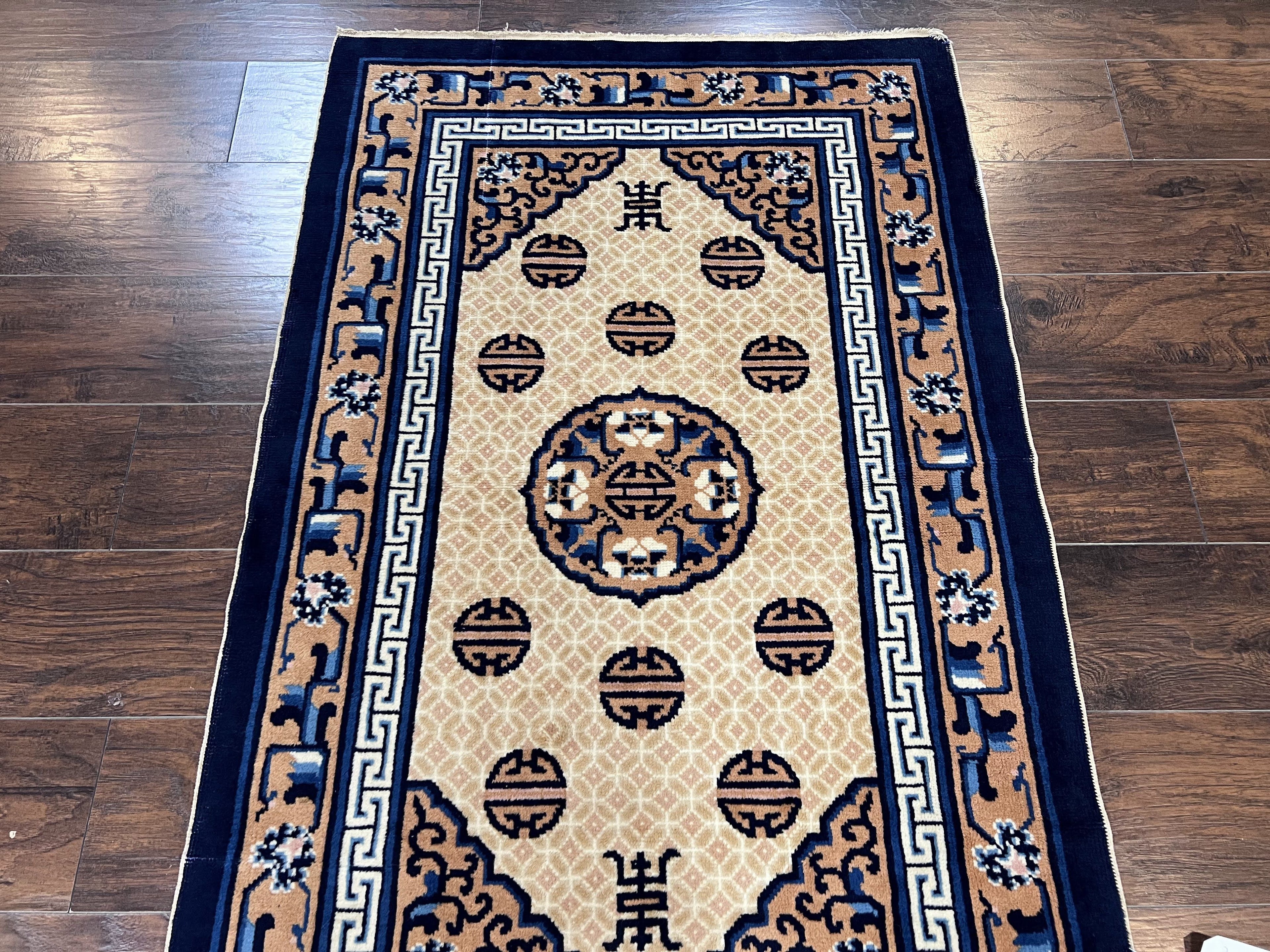 Chinese Peking Rug 3x5, Antique Chinese Art Deco Carpet, Blue Ivory Tan, Hand Knotted Wool Asian Oriental Rug 3 x 5 Vintage Small Peking Rug