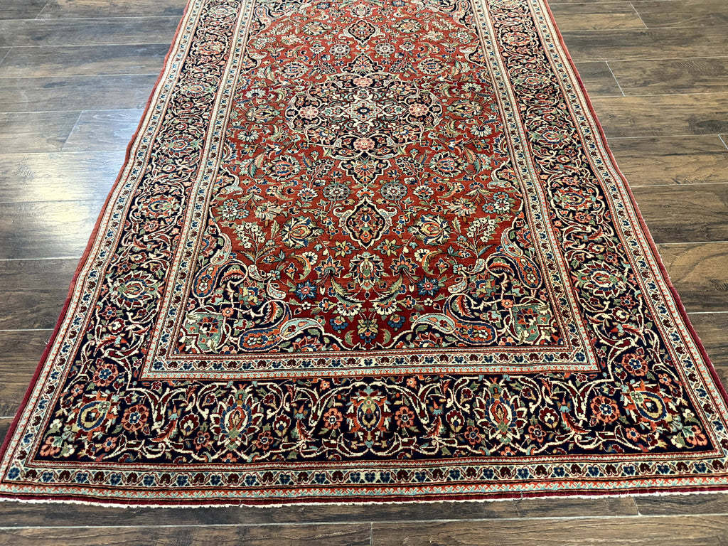 Persian Kashan Rug 4x7, Red and Navy Blue, Floral Antique Carpet