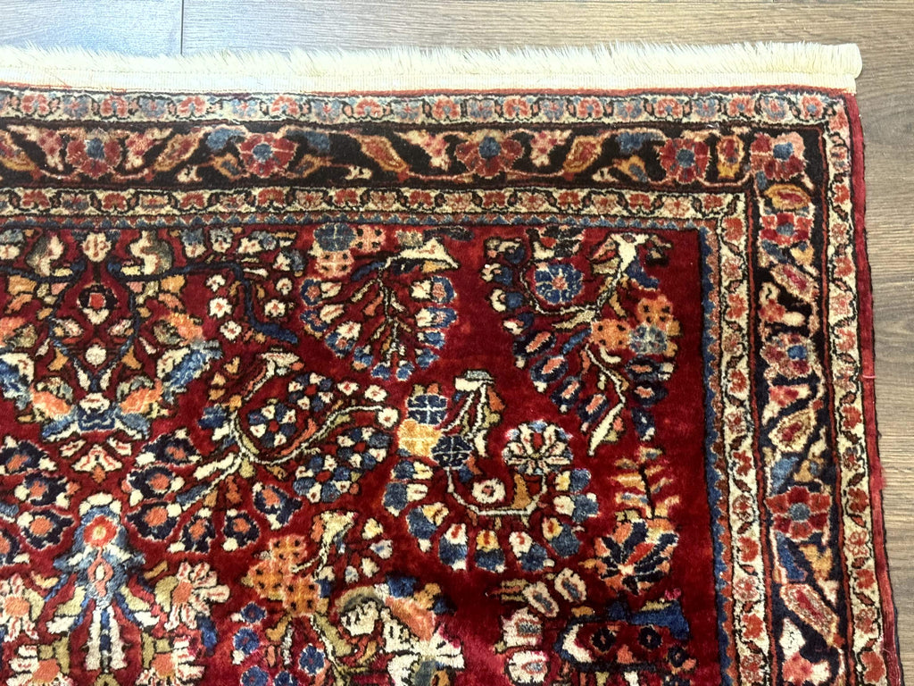 Antique Persian Sarouk Rug 4x6, Floral, Red, Wool Hand Knotted Fine 225 KPSI