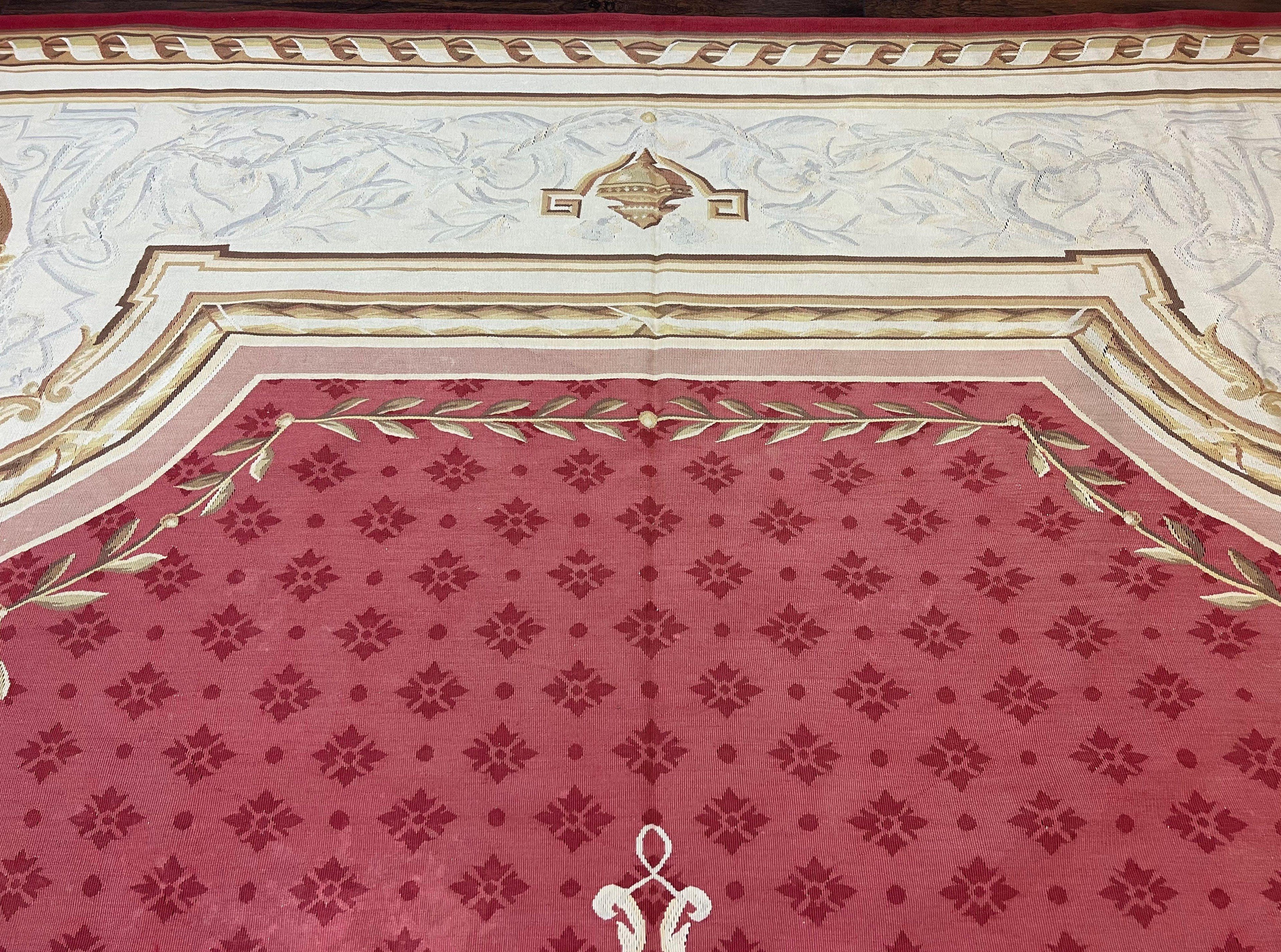 Aubusson Rug 9x12 ft, Red and Ivory Elegant Aubusson Carpet, Flatweave, Vintage Wool Handmade Area Rug 9 x 12, French European Design