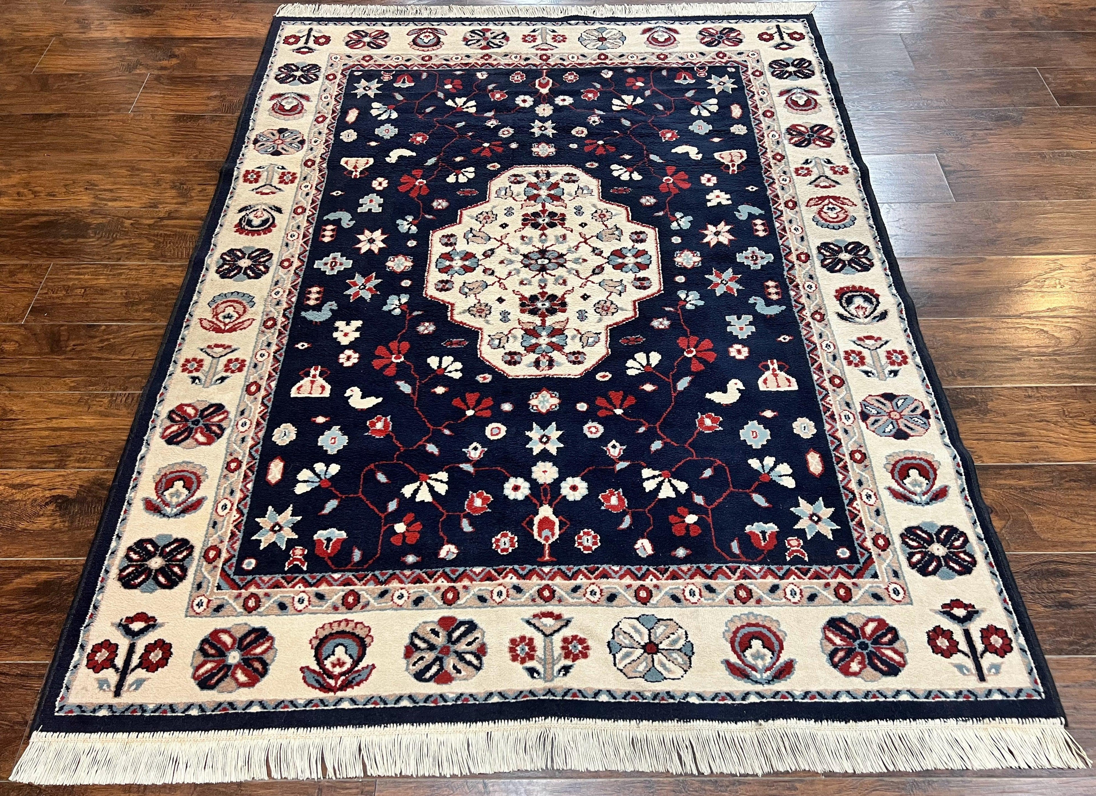 Belgium Power Loomed Rug 5.6 x 7, Navy Blue and Ivory, Heriz Pattern, Vintage Oriental Carpet