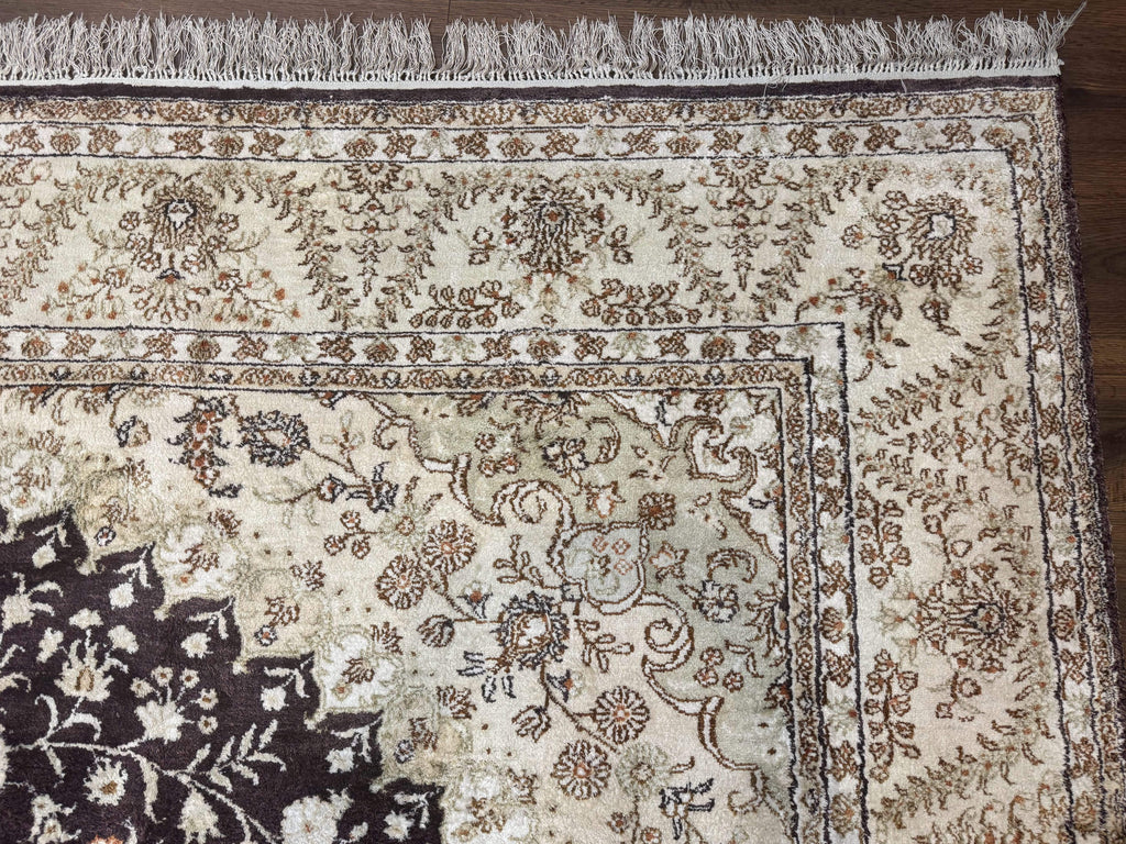 Indian Kashmiri Silk Rug 10x14, Floral Medallion