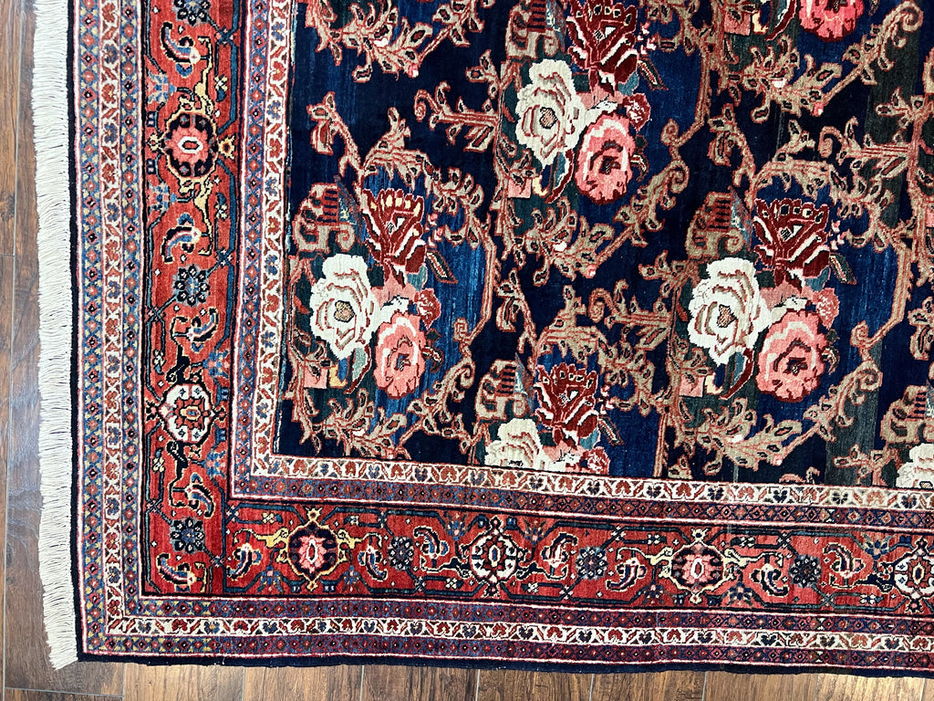 Persian Bidjar Rug 8x11, Floral Bouquets, Blue Black Red Pink, Handmade Hand Knotted Vintage Semi Antique Oriental Carpet