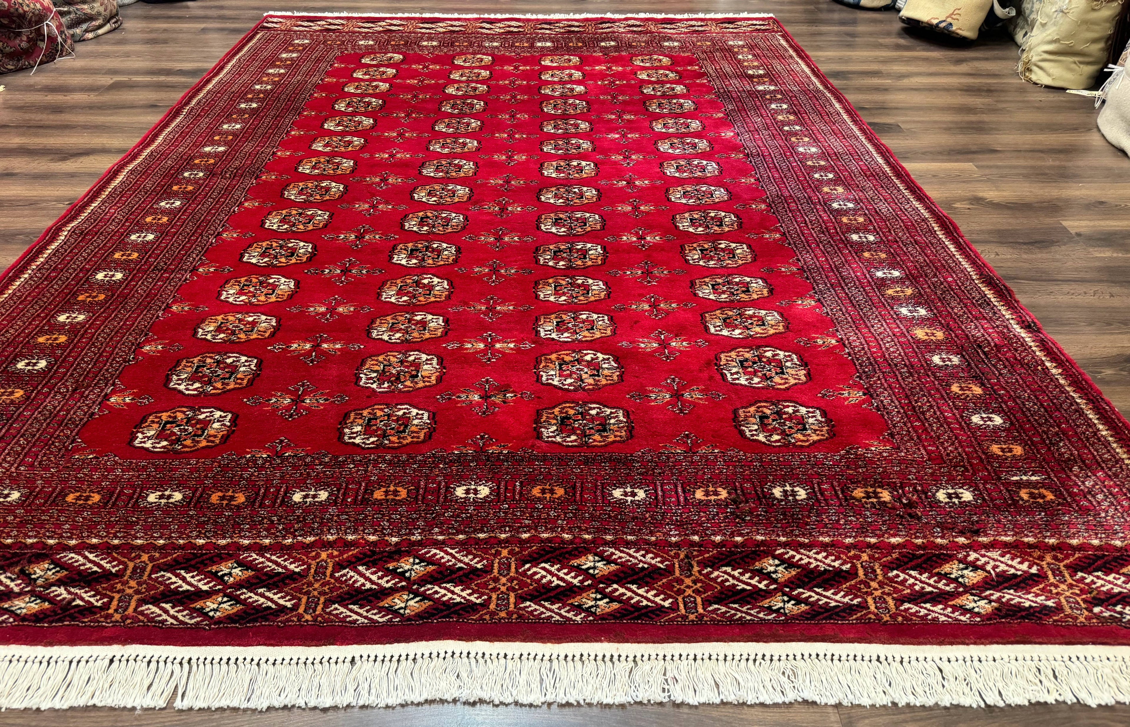 Red Turkoman Bokhara Rug 8x11, Pakistani Turkmen Carpet, Vintage Traditional Area Rug